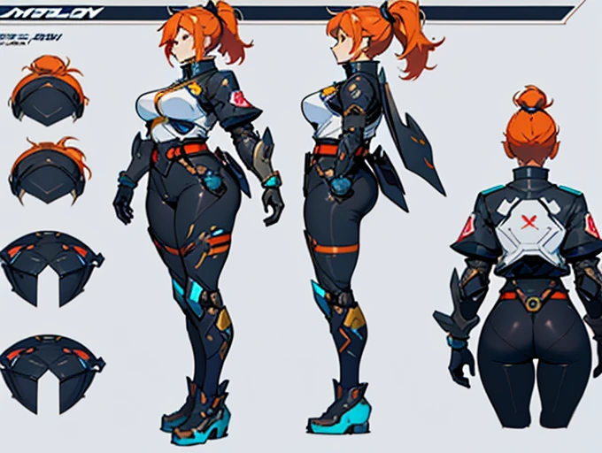 Close-up of a chunky girl in a mecha bodysuit, ((character concept art)), ((character design sheet, same character, front, side, back)) character art of maple story, video game character design, video game character design, maple story  chunky  girl, busty, girl wearing cute mecha hairpin on her head, pale orange hair, large ponytail, top ponytail  hairstyle, white glowing decoration on girl's mecha armor, expert high detail concept art, metal bullet concept art, funny character design, plump woman anime inspiration, sticky tar. Concept art, belt buckle at waist, mechanical weapon, mechanical wings