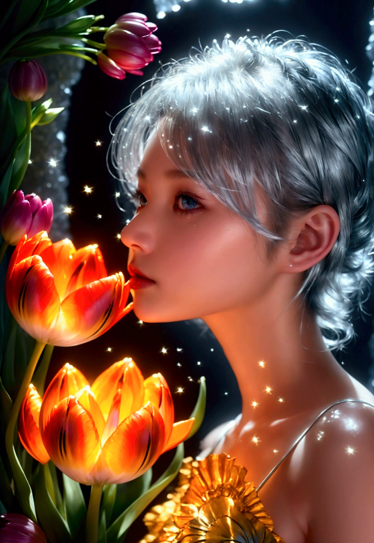 high resolution, masterpiece, Ruka Sarashina, Short hair, silver hair, (alone), 1 woman, cute, Bright, colorful tulip flowers that brighten up the dark interior of a cave., detailed eyes, (black eye), Very large tulip flowers that shine like lights in different sizes, small particles shining in the air, occult, vivid colors, 