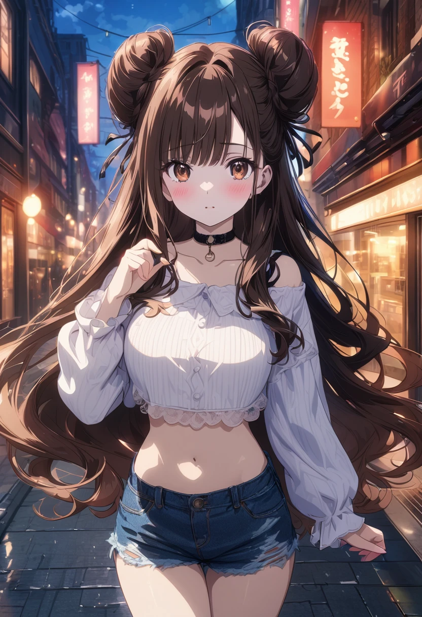 (masterpiece), Highest quality, so beautiful, up to date, Absurd, detailed, 高品質 BREAK Highest quality, Highest quality, detailed, High resolution, Ultra-fine painting, Digital Art, Official Art, Cinematic, 4K, 8k resolution, 8k CG wallpaper, CG, Original artwork, detailed background, Colorful background, Blue atmosphere, High Dynamic Range, Blurred Background, Blue Hour, starburst effect, Rays of light at dusk, Good ISO, High resolution, Wide Shot, From afar, RAW Photos, throw, Sharp focus, 光のreflection, reflection, intricate detailed, Soft Light, Grain Noise, Professional photography, Bokeh, Depth of written boundary, Natural light, Vibrant colors, avert your eyes, detailed lights and shadows, stylish, ultra-detailed, Top rated on pixiv, Trending on Art Station, Rainbow Style, modern, master craft, Pause Break Solo, (close), One girl, Pale skin, Correct finger, detailed hand, (Big Breasts:1.2), Thick thighs, small torso, Short body, flash, blush, Anxious expression, Embarrassing, Embarrassing act, casual, slim, ((cute, Child-like face):1.3), Nice hips, Nice body, Brown Hair, (Very long, flowing hair), (Big two bun hairstyle)), Long Bangs, Long Hair, Middle-length hair with bangs, Brown Eyes Break
(Loose crop shirt, Long sleeve, Denim shorts, choker, casual wear style, Tummy skin, Modern Fashion)
ブレイク nullっぽの通りの背景, Anime Background, Quiet street, Street lamp, null