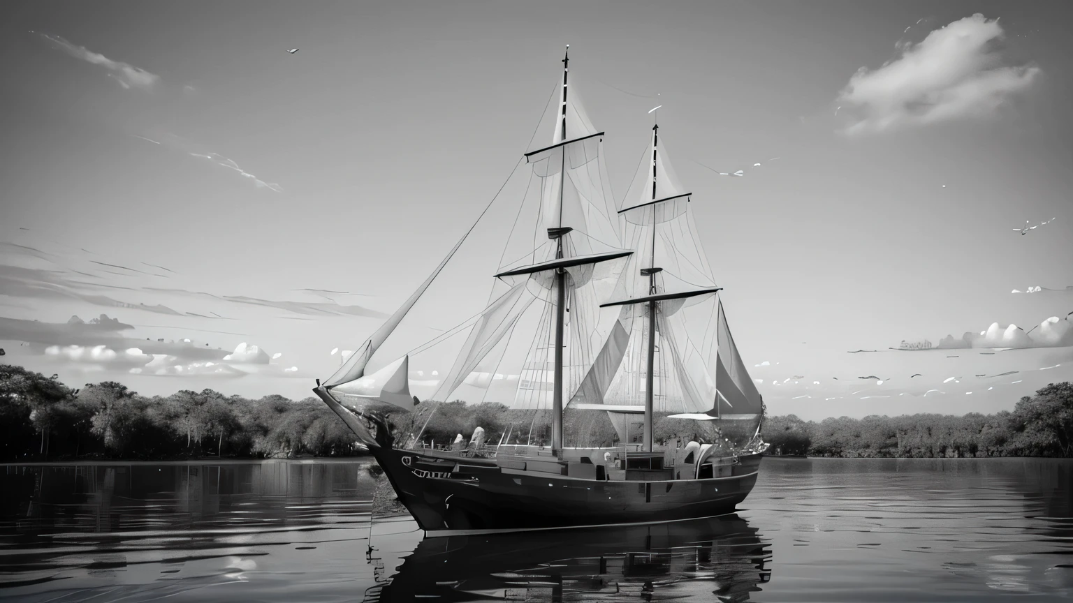 imagem kinematics, grayscales, hight contrast, ultra detalhada, tropical scenery. forst, Amazon river, photo realist, 3d, 8k, small schooner with just two (2) masts, only two (2) masts, the name of the boat is [Boto-Cor-de-Rosa]