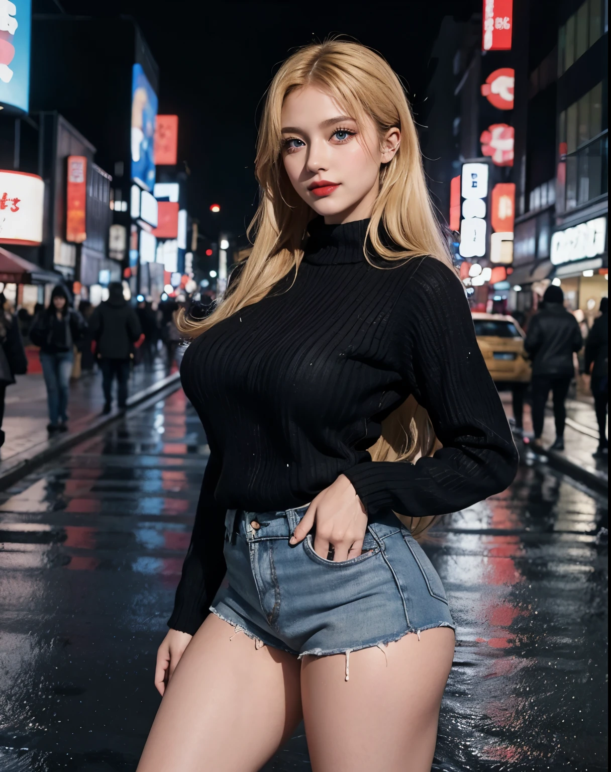 1girl, (Blue Eyes), (smiling :1.2), (Sana Minatozaki), (beautiful black makeup :1.2), wide hips, (big tits :1.2), (big ass), thin waist, thick thighs, (Best Quality, 8k, Masterpiece: 1.3), Clear Focus: 1.2, Perfect Body Beauty: 1.4, (strong abs), Highly detailed face and skin texture, detailed eyes, double eyelids, (shiny skin :1.2), red lips, (long blonde hair :1.2), ((black sweater :1.2)), (jeans :1.1), standing, dynamic pose, in a Tokyo neighborhood at night, buildings with colorful signs, wet street