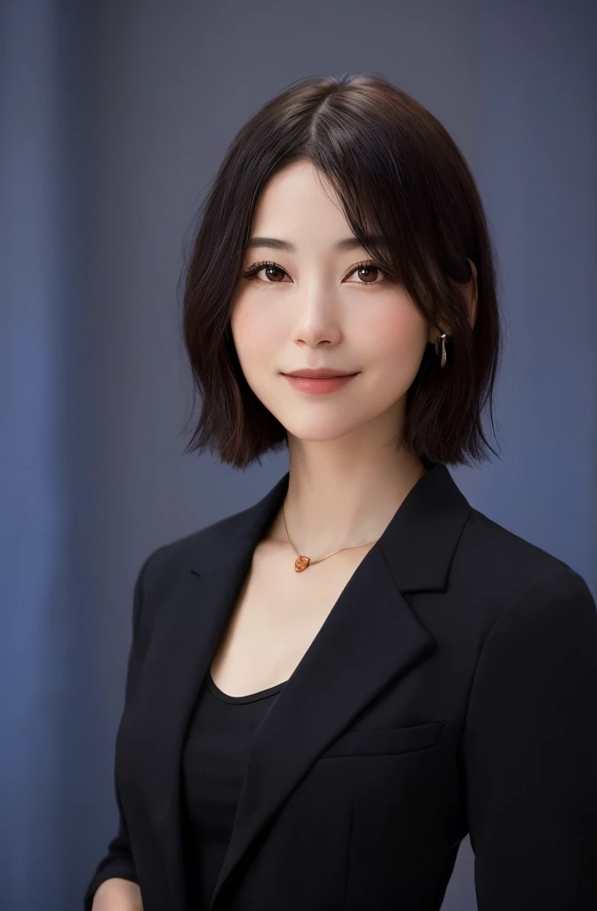 Frontal portrait, face not tilted, no hairband, slightly smiling expression, red and navy blue kimono, large breasts, fringes up, arms down
