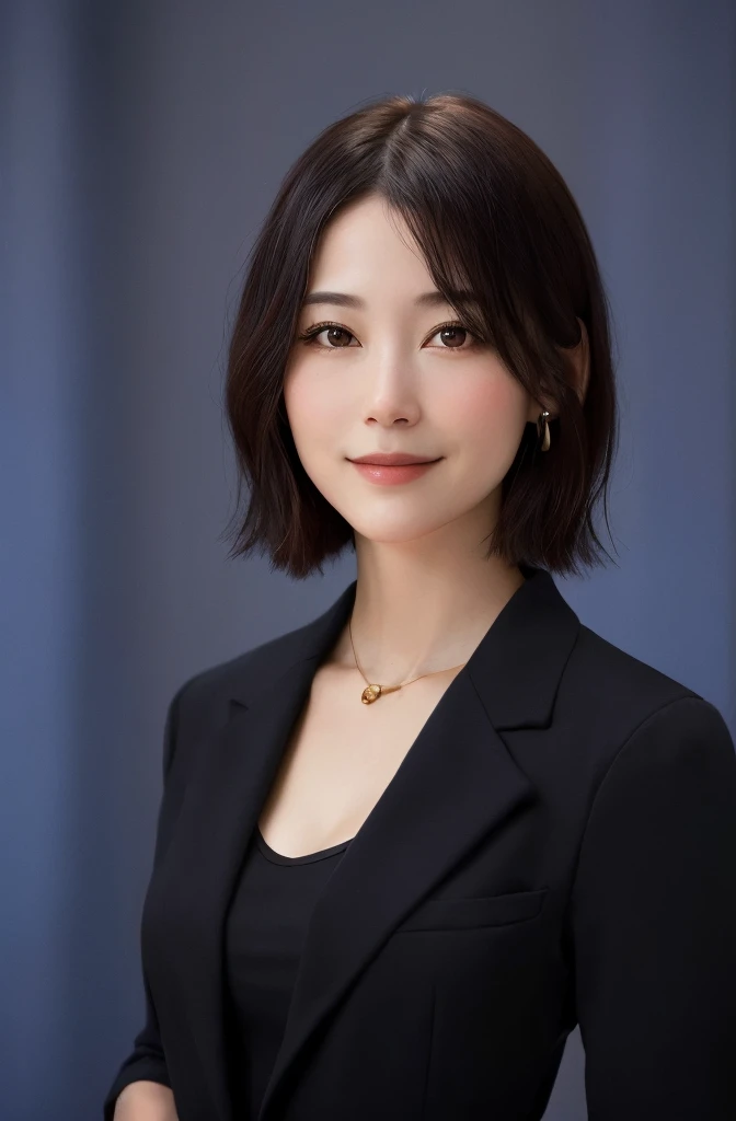 Frontal portrait, face not tilted, no hairband, slightly smiling expression, red and navy blue kimono, large breasts, fringes up, arms down