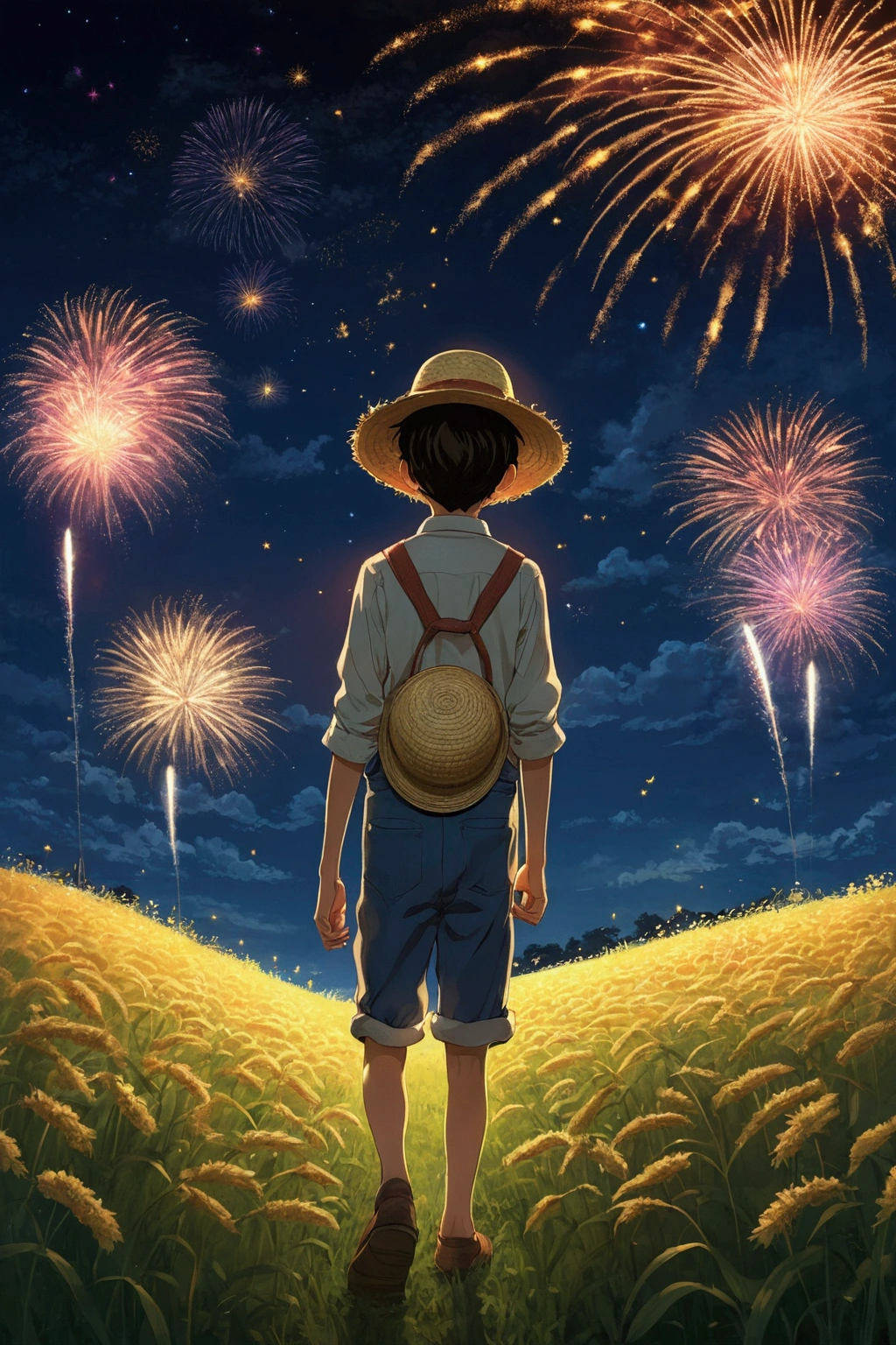 in the farm meadow、Ghibli style、night、field、firework、One boy、Straw hat、