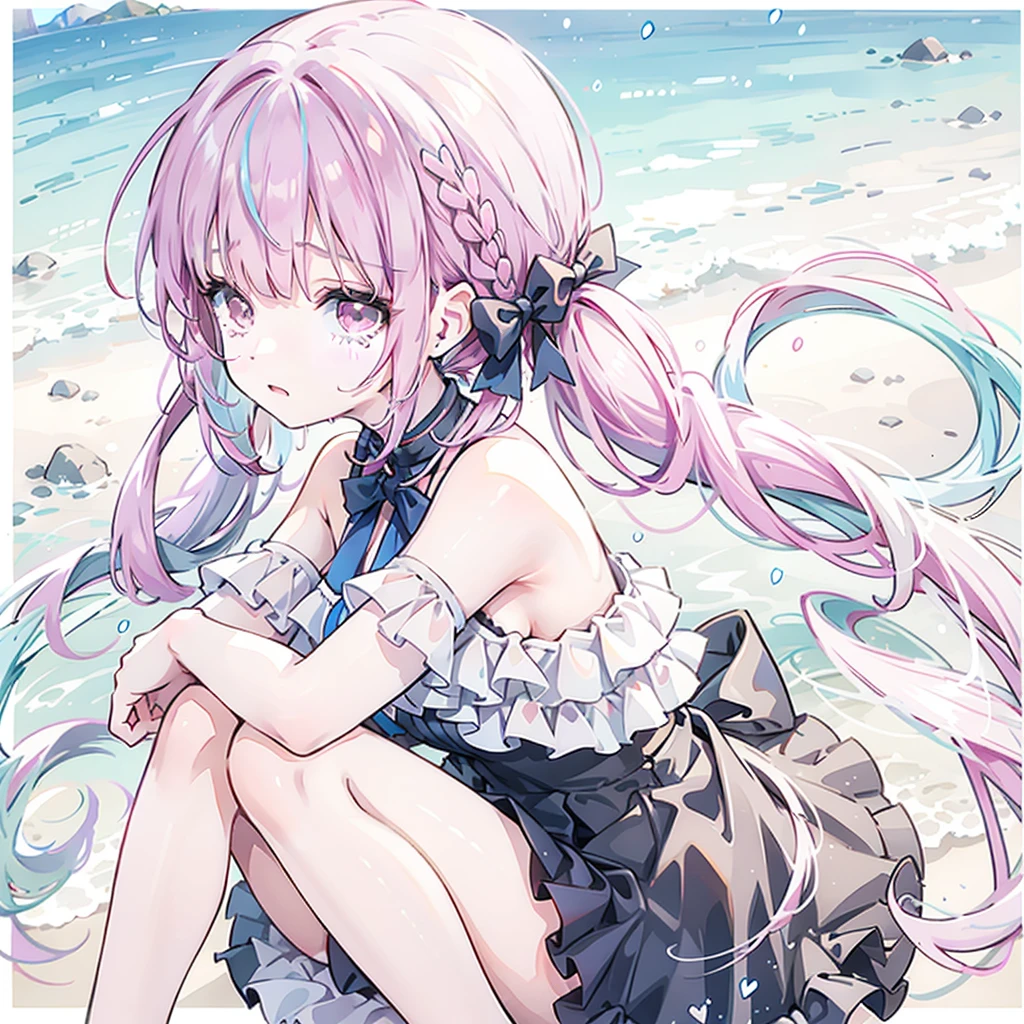 a girl，at the seaside，Leave with your back turned，with tears，profile，cry，Hugging knees and crying