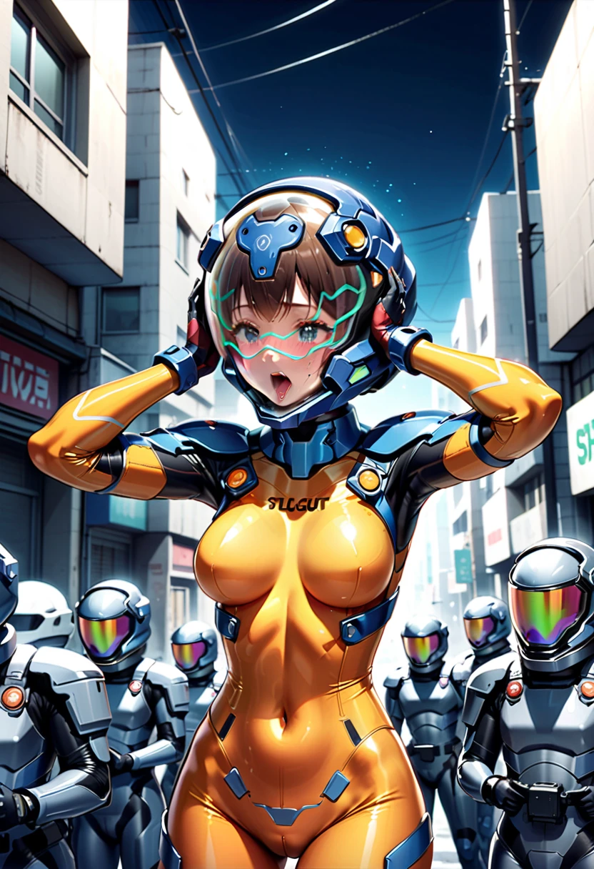 short hair, street, emo, BLACK hair, white eyes, eyeliner, apocalypse, (astronaut, girl, road, city, fortified suit, ((blue:1.5) plugsuit), short hair, outdoors, cinematic light, medium breasts, covered navel, space helmet, muvluv, space helm, eva helmet,[legs bent, ,ahegao, rolling eyes,saliva, drooling, sweat, trembling, HARD TO BREATH,, (hands up:1.6), (holding head:1.7), upper body,hands above head, close eyes