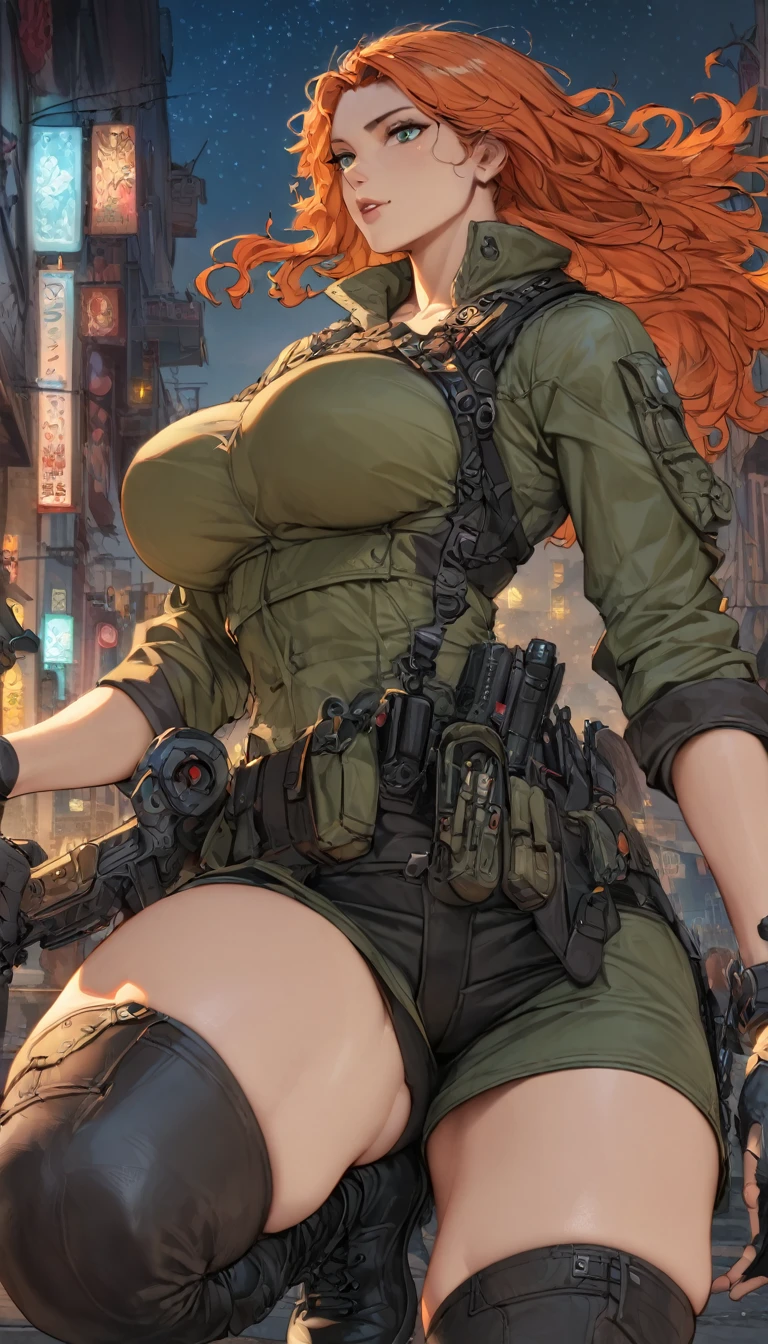 best quality,4k,8k,highres,masterpiece:1.2),ultra-detailed, extremely detailed eyes, extremely detailed body, (large masterpiece digital art), (detailed manga illustration), (detailed line art), ((perfect anatomy)), (intricate details:1.3), (ultra-detailed:1.3), (illustration:1.3), (sharp focus:1.3), (natural lighting:1.05), (vivid colors:1.3), (masterpiece), (best quality:1.4), (perfect anatomy:1.4), high quality, expressive eyes, full body, detailed face, beautiful face, perfect face, assassin, 1 girl, muscular, tall girl, large breasts, long hair, light brown hair, curly hair, straight hair, detailed hair, ((tactical clothes)), t-shirt, tactical vest, black pants, pale skin, aquamarine eyes, splash art, curvy, black combat boots, cinematic lighting, dramatic atmosphere, Atey Ghailan, Jeremy Mann, Greg Manchess, Antonio Moro, trend in ArtStation, trend in CGSociety, Intricate, High Detail, Sharp focus, dramatic and photorealistic painting art by Midjourney and Greg Rutkowski, Jeff Bridges, ((cartoon style)), Marvel Cinematic Universe style, (((Night sky in the background))),