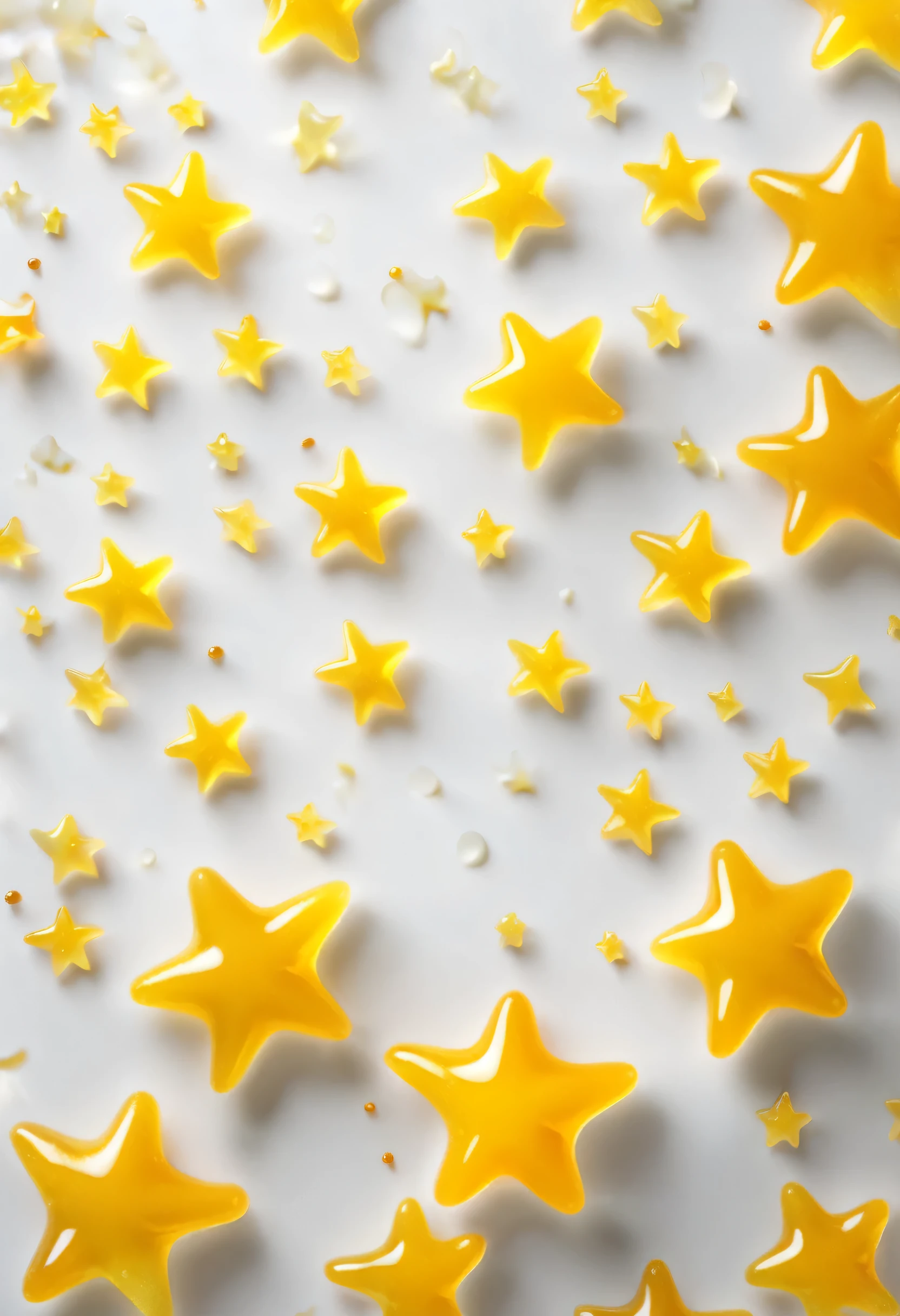 big white background with some cute little bright yellow jelly stars creating a 3d effect   