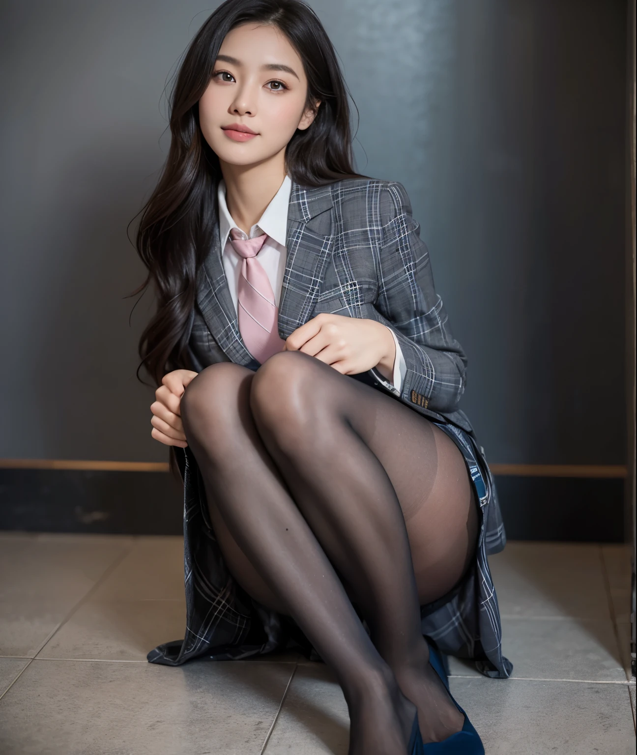 (8k), (Highest quality: 1.2), (Realistic), (Realistic: 1.37), Ultra-high resolution, (1 girl), cute, smile, Mouth closed, Beautiful details, Beautiful Nose, Wet Hair, Two giant cells, pork, Thighs,Self Snap,university student ,A simple navy blue blazer,Pleated skirt,(The skirt and tie are gray tartan check pattern......:1.3),(Sheet:1), Sit on the floor,(Hug my feet:1),(Pink Pantyhose:1.3),in front,knees,
Preparing