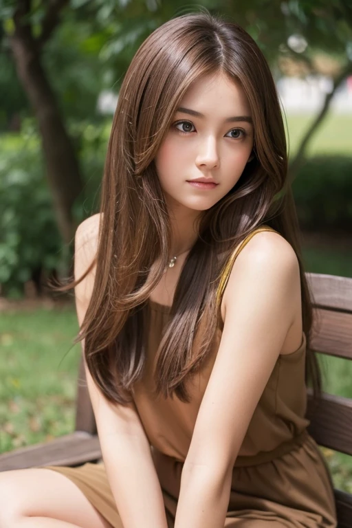1girl, solo, long_hair, brown_hair, sitting, photo_(medium)