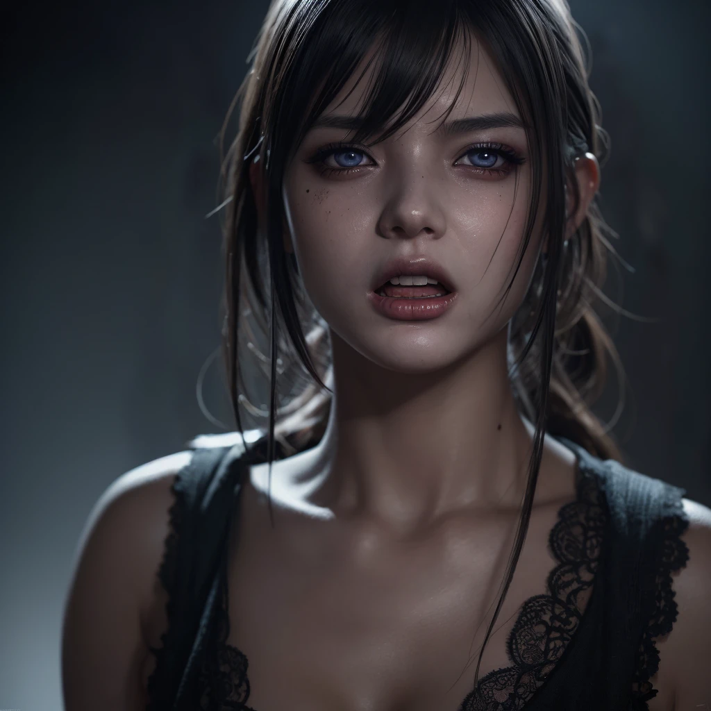 a girl with ahegao expression,  breasts, violent pose, exhausted, detailed facial features, beautiful eyes, realistic, cinematic lighting, dark fantasy art, moody color palette, digital painting, highly detailed, 8k, photorealistic