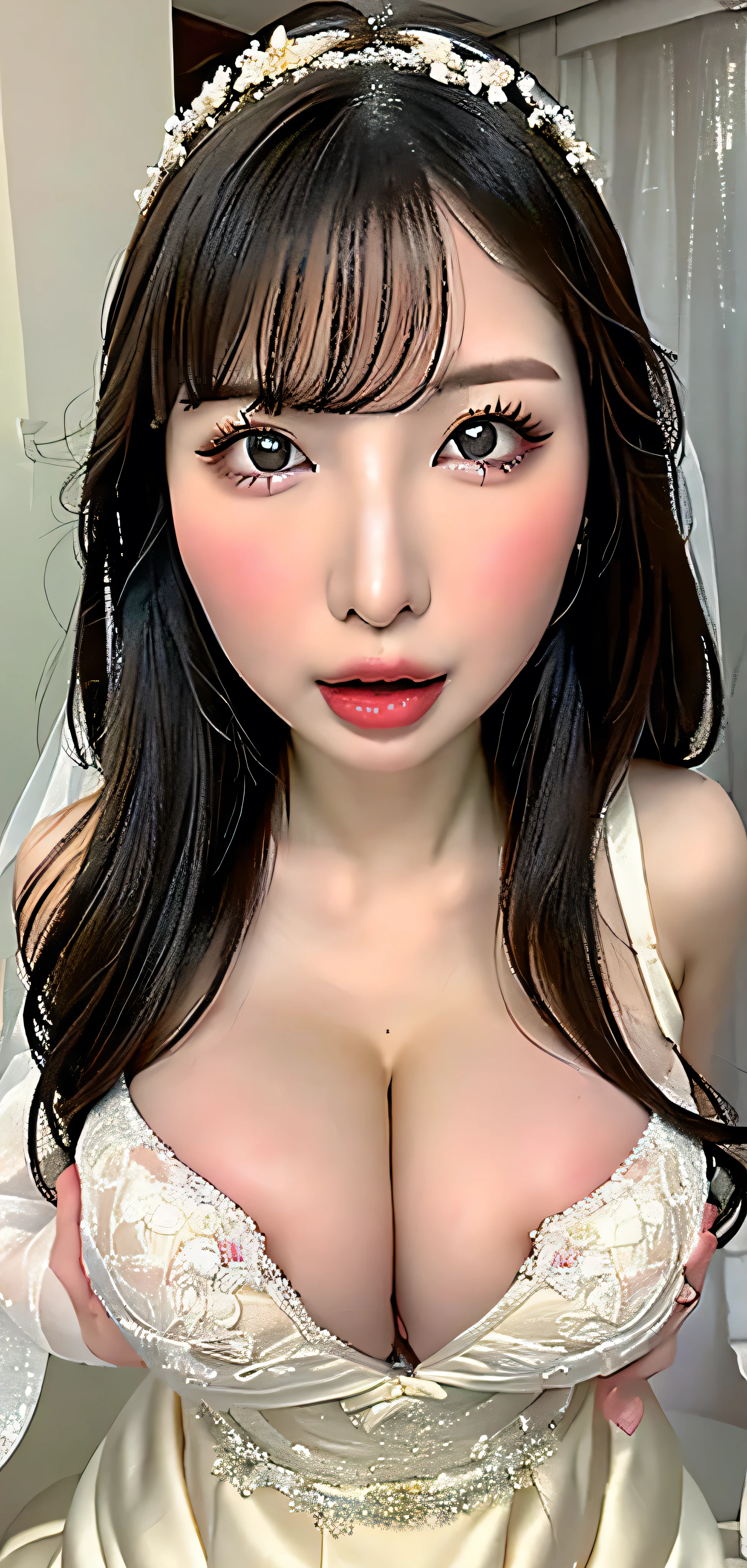 ((RAW images)),(Tabletop),(Highest quality, Realistic, In detail, High resolution, 8k wallpaper),(Super Detail),((Very delicate and beautiful)),Focus on the characters,Dynamic Angle,Looking at the viewers with happy eyes,((alone)),Are standing,((whole body)),((A princess wearing a gorgeous ball gown wedding dress with a voluminous skirt)),((June Bride)),Detailed face and eyes,Jewel-like eyes,((Very long and voluminous hair)),Gorgeous embroidery and lace,((Gorgeous corsage)),See through,(Gorgeous Jewelry Ornaments),Luxury hair accessories,Gorgeous jeweled tiara,Gorgeous frills,((Super )),indoor,Extremely obscene church wedding,((whole body)),Hoop skirt,crinoline,very long wedding veil,(((A mix of bejeweled wedding dresses and lavishly embroidered Rococo ball gowns))), (((Very obscene and huge, obscene breasts than a face:1.99))), ((Beautiful golden ratio obscene face)), ((A beautiful bride in a tiny dress that is so obscene that it attracts attention from everyone around her)), ((Very realistic loads of semen:1.99)), y realistic loads of semenに濡れたwhole body)), ((NSFW:1.55, Having sex))
