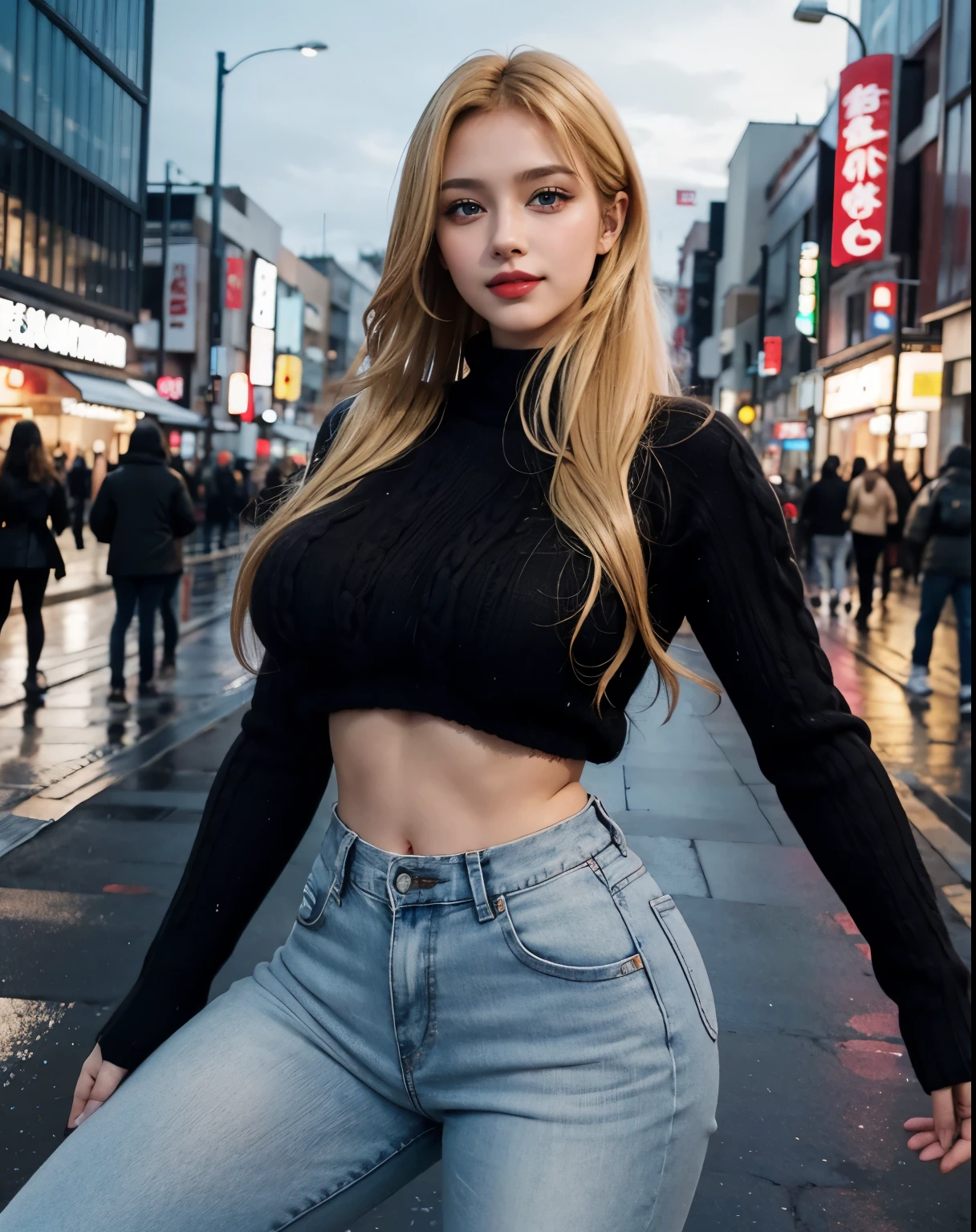 1girl, (Blue Eyes), (smiling :1.2), (Sana Minatozaki), (beautiful black makeup :1.2), wide hips, (big tits :1.2), (big ass), thin waist, thick thighs, (Best Quality, 8k, Masterpiece: 1.3), Clear Focus: 1.2, Perfect Body Beauty: 1.4, (strong abs), Highly detailed face and skin texture, detailed eyes, double eyelids, (shiny skin :1.2), red lips, (long blonde hair :1.2), ((black sweater :1.2)), (jeans :1.1), standing, dynamic pose, in a Tokyo neighborhood at night, buildings with colorful signs, wet street