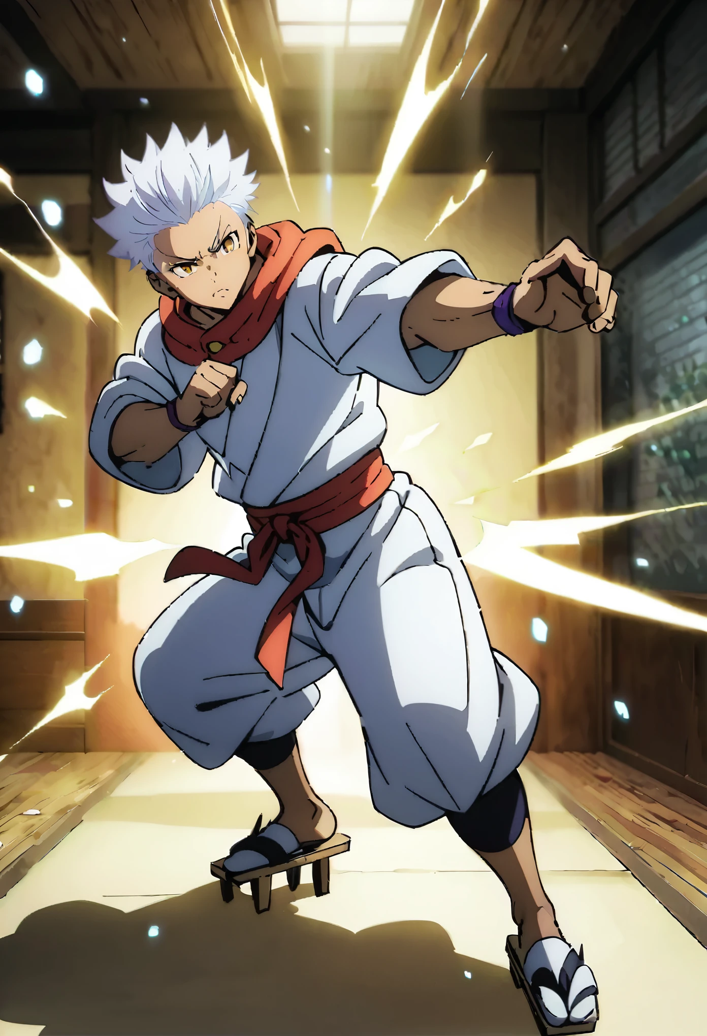 dynamic pose, fighting stance, 1 guy, brown skin, snow white hair, spikey hair, short hair, fade haircut, (sparkling eyes), yellow eyes, (white aura), toned build, lean, cool outfit, gloves, hoodie, baggy clothing, (martial arts themed outfit), (monk themed outfit), traditional japanese slippers, geta footwear, masterpiece, best quality, perfect lighting, anime style, vivid colors, (colorful outfit), full body, (thin lineart)