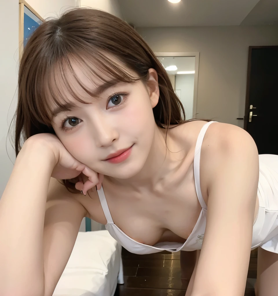 Browsing Caution、Highest quality、8k、No makeup、masterpiece、クリアなphotograph、Ultra-high resolution、Realistic、Professional Lighting、Natural light、photograph、smile、Ultra slim、Delicate body、very cute、The cutest Erina Mano、Idle class、White skin、(Small breasts:1.6、Flat Chest:1.6)、Wearing a white shirt:1.8、Lean forward:1.6、Her cleavage is visible:1.8