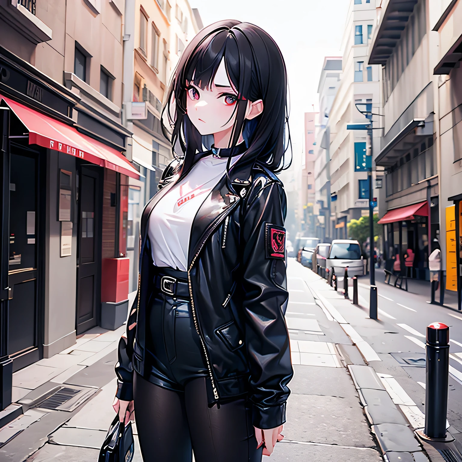 normal adult girl, that looks very daring, very risky and is usually more on the streets and among gangs, expression haughty, extroverted, black hair, ropa de delincuente o de pandillas,,, face too close