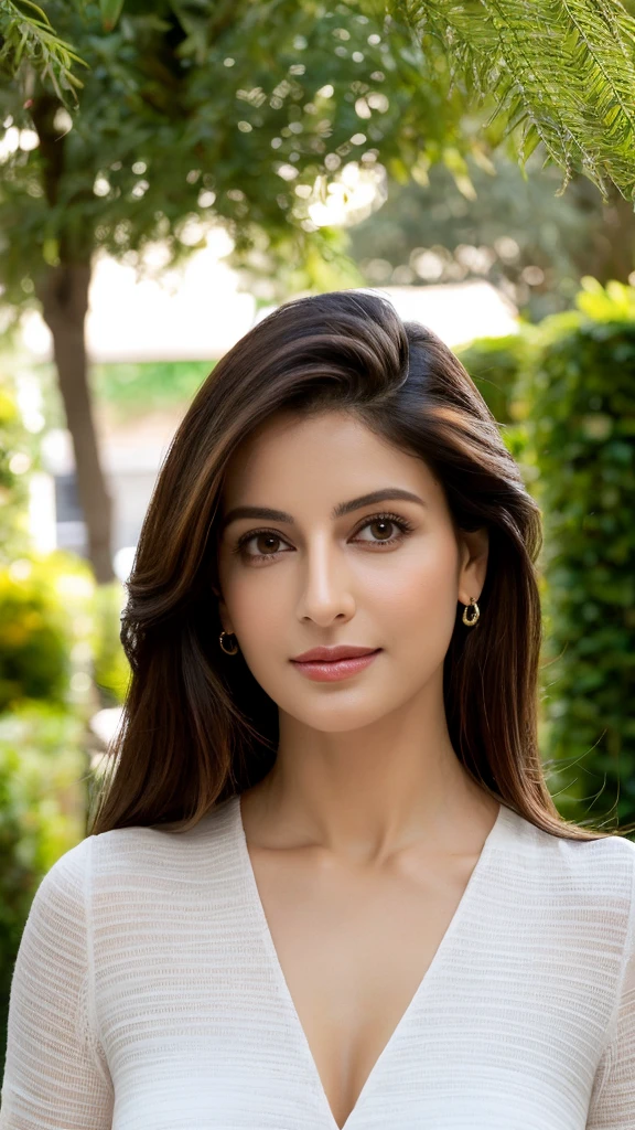 1 mulher adulta, beautiful Bollywood supermodel, big chest, cabelo comprido, cabelo cacheado, cabelo cor preto, pele suave, olhos castanhos, sorrir, vegetation, Occasional, Businesswoman style clothes, blaser marrom claro, realista, com fundo em um restaurante chique, 8k super realista, super detalhado e realista, superb lighting, shining skin, white complexion, beautiful gorgeous face, beautiful body, beautiful eyes nose lips home garden workout