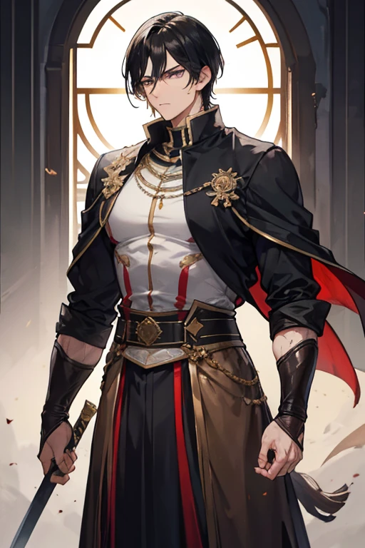 He is a tall man , with muscles since he is a warrior and leader, Jet black hair, eyes the color of honey , light brown skin , Veined and large hands with a scar due to sword use,handsome, marked jaw and he is emperor, short straight hair