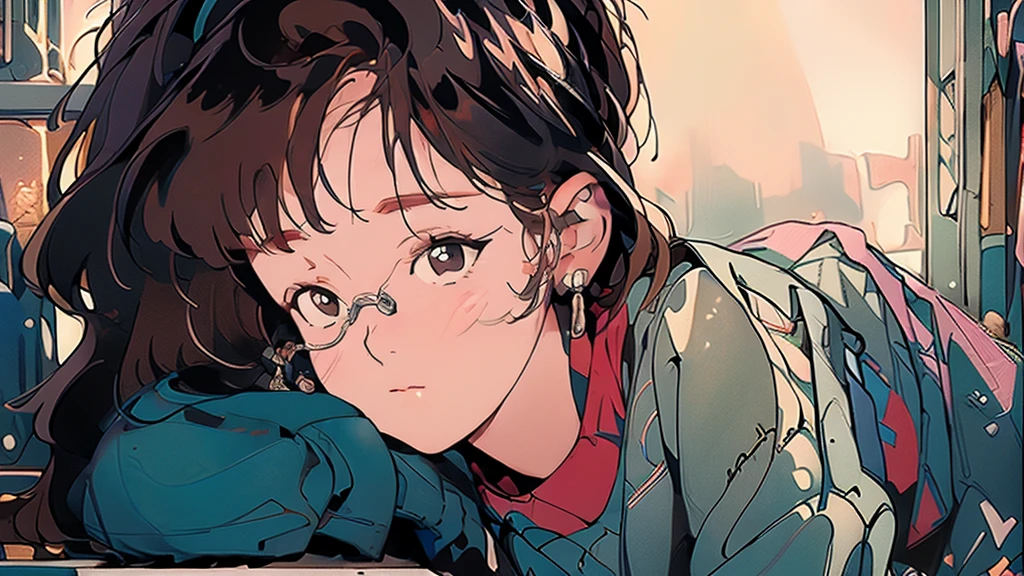 best quality, 4k wallpaper, masterpiece, very detailed CG Unity 8k 벽지, very detailed 눈, very detailed, intricate details, retro, brown hair, girl wearing spectacles, library, book, distant scenery, From head to waist