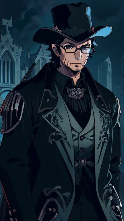 (1boy: countd,glasses,hat,suit,black jacket), (extremely detailed CG unit 8k wallpaper),(master part), (best quality), (ultra detail), (best illustration),(Oda Eiichirou style), cowboy shot, (Sharp eyeliner, ombre, detail eyes:1), Dracula Castle background, ,break , (vamptech), short hair ,black hair, Upper body,