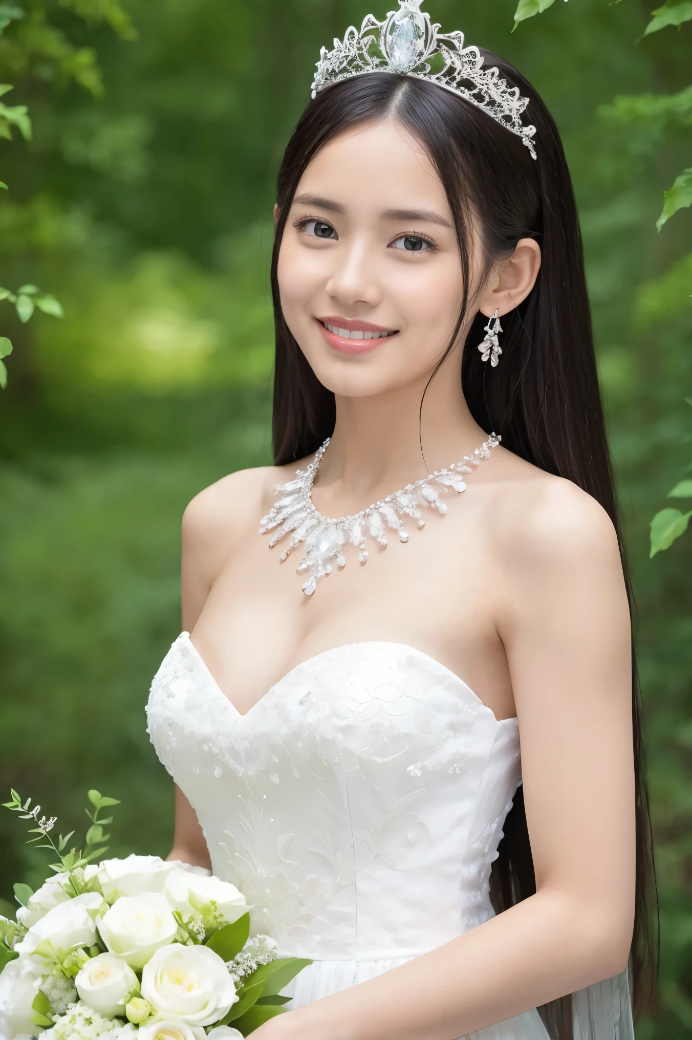 (Highest quality、Tabletop、8k、Best image quality、Award-winning works)、One pretty bride、(alone:1.1)、(The most extravagant and gorgeous huge pure white wedding dress:1.2)、(Perfect Wedding Lace:1.2)、(The most gorgeous and luxurious giant tiara:1.3)、(The most extravagant and luxurious giant necklace:1.3)、The finest jewellery decoration、Perfect Makeup、Long eyelashes、Ultra HD Shining Eyes、Ultra HD Hair、Ultra-high resolution glossy lips、Super high resolution beautiful face、(Accurate anatomy:1.1)、Very bright and beautiful skin、very bright and vivid、Perfect beautiful bridal hairstyles、(Front facing body:1.1)、(The most refreshing and beautiful forest background:1.1)、(Small breasts:1.1)、(Small breastsの谷間:1.1)、(Perfect beautiful bridal photos:1.1)、(The cutest smile:1.1)、(Close-up of face:1.2)