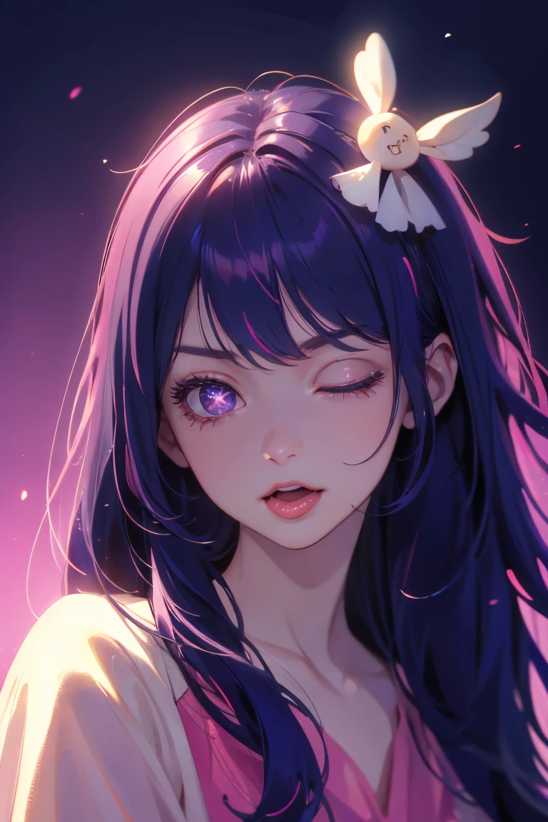 Woman with open mouth and closed eyes, ((Shiny skin))、((Wet and shiny tongue)) , Ai Hoshino, long purple hair with stripes, star-shaped purple eyes, hair ornament, beautiful smile, naughty expression, (best quality,4k,8k,highres,masterpiece:1.2),ultra-detailed,(realistic,photorealistic,photo-realistic:1.37),HDR,UHD,studio lighting,ultra-fine painting,sharp focus,physically-based rendering,extreme detail description,professional,vivid colors,bokeh,pink cute room,under makeup , , Ai Hoshino, Long hair, Purple hair, Striped hair, Purple eyes, Star-shaped eyes, Hair ornament, Smile, Naughty face, (pink cute room), Under makeup, Under makeup , kneel pose , looking at viewer , masterpiece, highest quality, super detailed, ultra high resolution, realistic, 4K, 8k, highest quality, masterpiece, best image quality, Super detailed, ultra high resolutionolution, realisticDescription,
