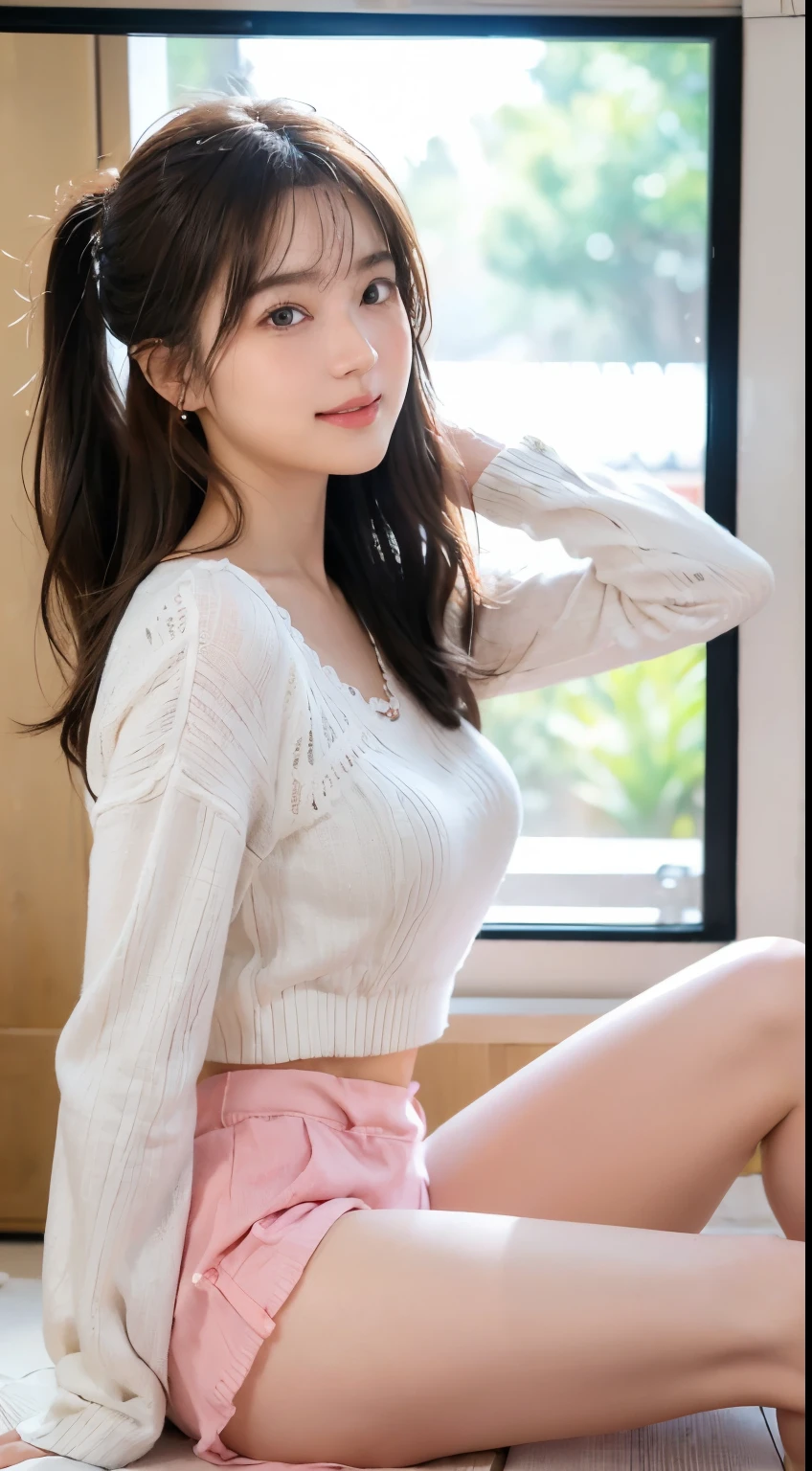 (Tabletop: 1.3), (Maximum resolution: 1.2), (Ultra HD TV: 1.2), Cinematic light, Ultra HD TV, (Detailed eyes and skin), (Detailed facial features), Hmph, 8k resolution, Sharp focus: 1.2, Perfect Style, Beautiful Face, Perfect body, Accurate, Anatomically correct, Highly detailed face and skin texture, Detailed eyes, Dark blue eyes, double eyelid, Thin eyebrows, Glitter Eyeliner: 1.2, Natural Cheeks, Glowing Skin, Fair skin: 1.2, Shiny little necklace and earrings, (Glossy Lips: 1.4), break, First Person View, (She is a very cute female teacher), (Pink lace panties), (Captivating smile: 1.2), ((Pure and cute girl:1.3)), (Light wavy ponytail), (Light Brown Hair:1.2), (Cowboy Shot: 1.2), break, ((Very close relationship: 1.2)), Medium large breasts, ((View your viewers:1.2)), ((Hot Spring Trip:1.2)), ((Bend your knees and open your legs wide:1.2)), (From the side:1.2),Low angle shot,Full Body Shot A light-colored, long-sleeved, tight-fitting sweater Tight Denim Mini Skirt Embarrassed look Kamimei