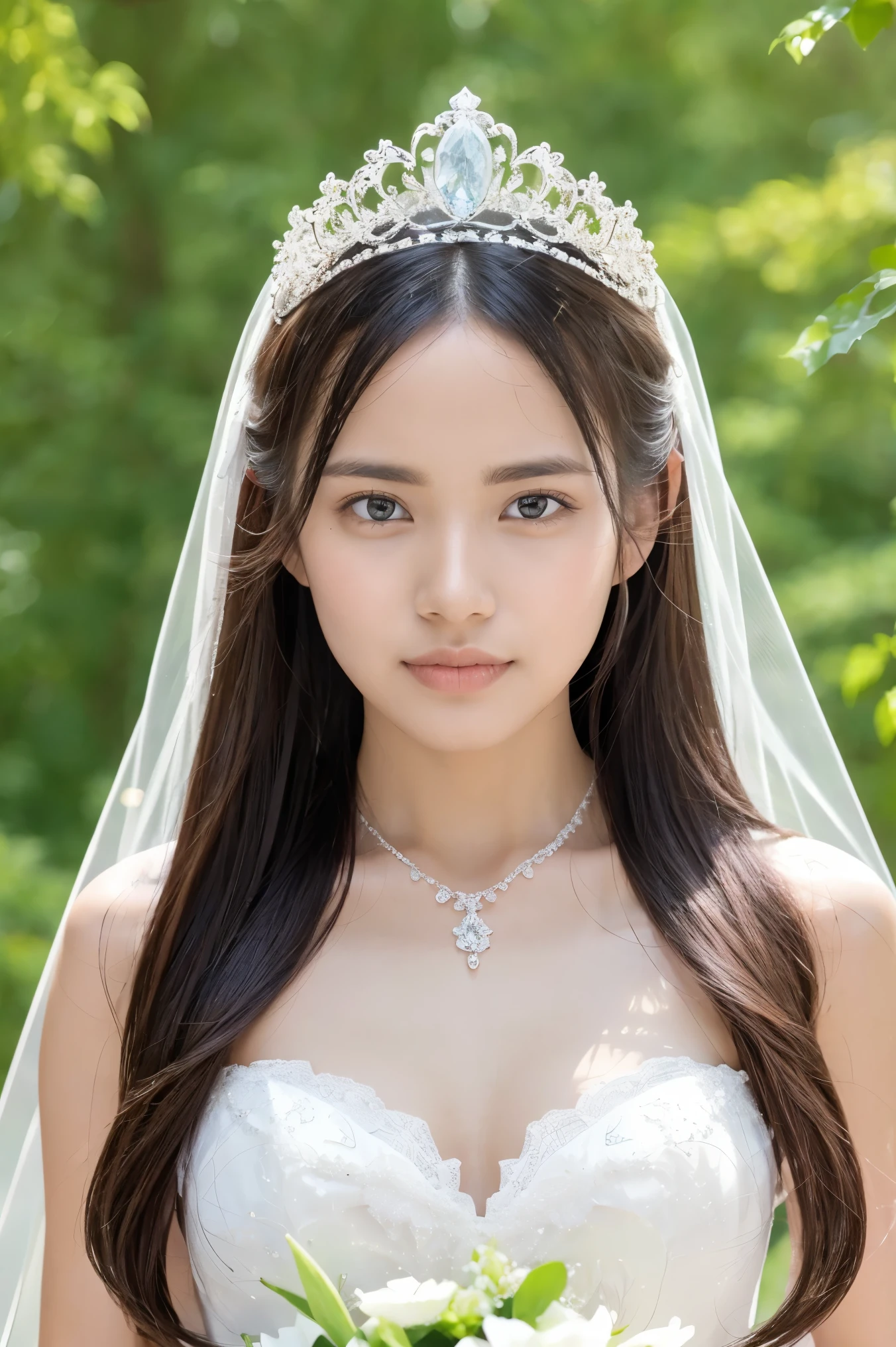 (Highest quality、Tabletop、8k、Best image quality、Award-winning works)、One pretty bride、(alone:1.1)、(The most extravagant and gorgeous huge pure white wedding dress:1.2)、(Perfect Wedding Lace:1.2)、(The most gorgeous and luxurious giant tiara:1.3)、(The most extravagant and luxurious giant necklace:1.3)、The finest jewellery decoration、Perfect Makeup、Long eyelashes、Ultra HD Shining Eyes、Ultra HD Hair、Ultra-high resolution glossy lips、Super high resolution beautiful face、(Accurate anatomy:1.1)、Very bright and beautiful skin、very bright and vivid、Perfect beautiful bridal hairstyles、(Front facing body:1.1)、(The most refreshing and beautiful forest background:1.1)、(Small breasts:1.1)、(Small breastsの谷間:1.1)、(Perfect beautiful bridal photos:1.1)、The cutest smile、(Close-up of face:1.1)