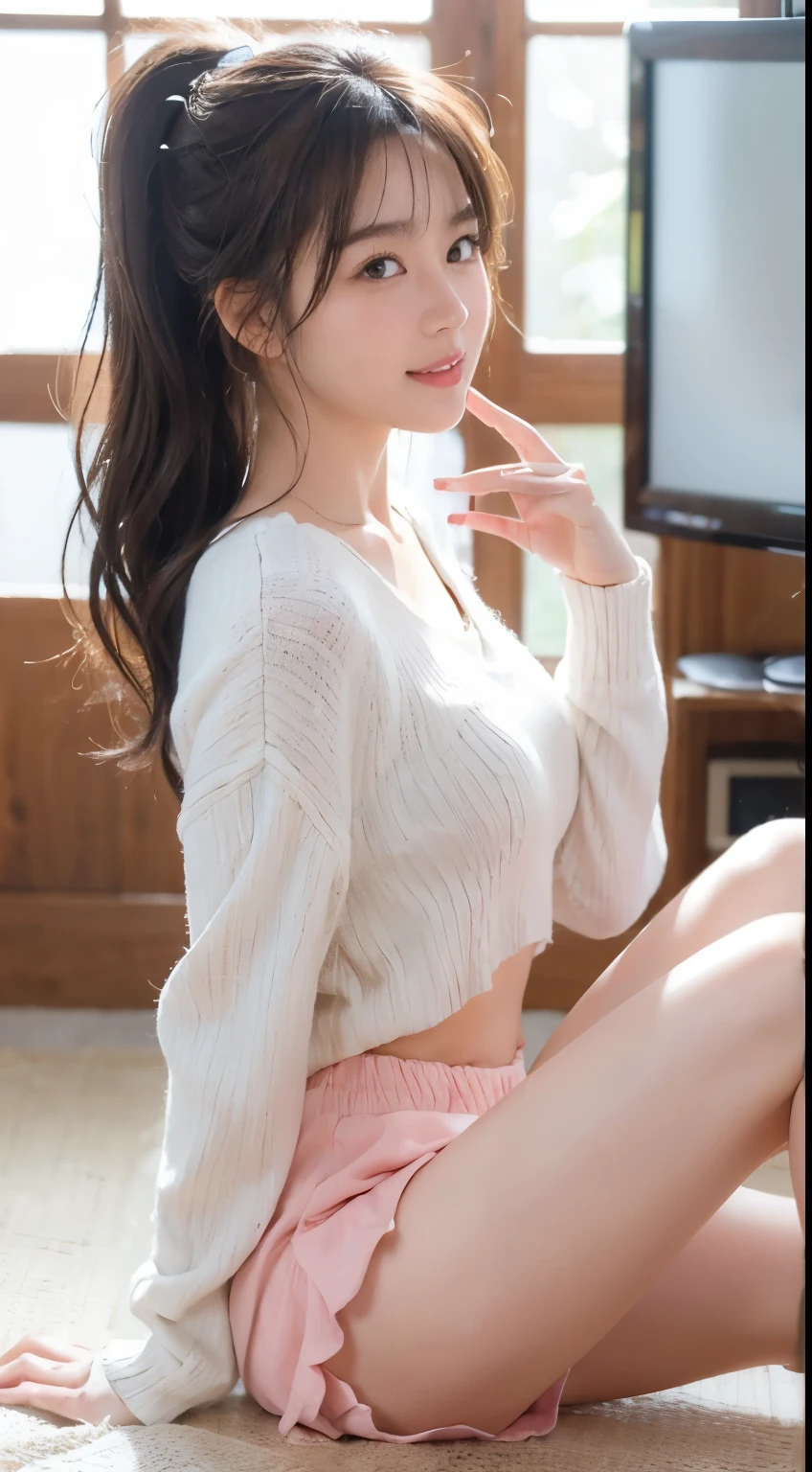 (Tabletop: 1.3), (Maximum resolution: 1.2), (Ultra HD TV: 1.2), Cinematic light, Ultra HD TV, (Detailed eyes and skin), (Detailed facial features), Hmph, 8k resolution, Sharp focus: 1.2, Perfect Style, Beautiful Face, Perfect body, Accurate, Anatomically correct, Highly detailed face and skin texture, Detailed eyes, Dark blue eyes, double eyelid, Thin eyebrows, Glitter Eyeliner: 1.2, Natural Cheeks, Glowing Skin, Fair skin: 1.2, Shiny little necklace and earrings, (Glossy Lips: 1.4), break, First Person View, (She is a very cute female teacher), (Pink lace panties), (Captivating smile: 1.2), ((Pure and cute girl:1.3)), (Light wavy ponytail), (Light Brown Hair:1.2), (Cowboy Shot: 1.2), break, ((Very close relationship: 1.2)), Medium large breasts, ((View your viewers:1.2)), ((Hot Spring Trip:1.2)), ((Bend your knees and open your legs wide:1.2)), (From the side:1.2),Low angle shot,Full Body Shot A light-colored, long-sleeved, tight-fitting sweater Tight Denim Mini Skirt Embarrassed look Kamimei