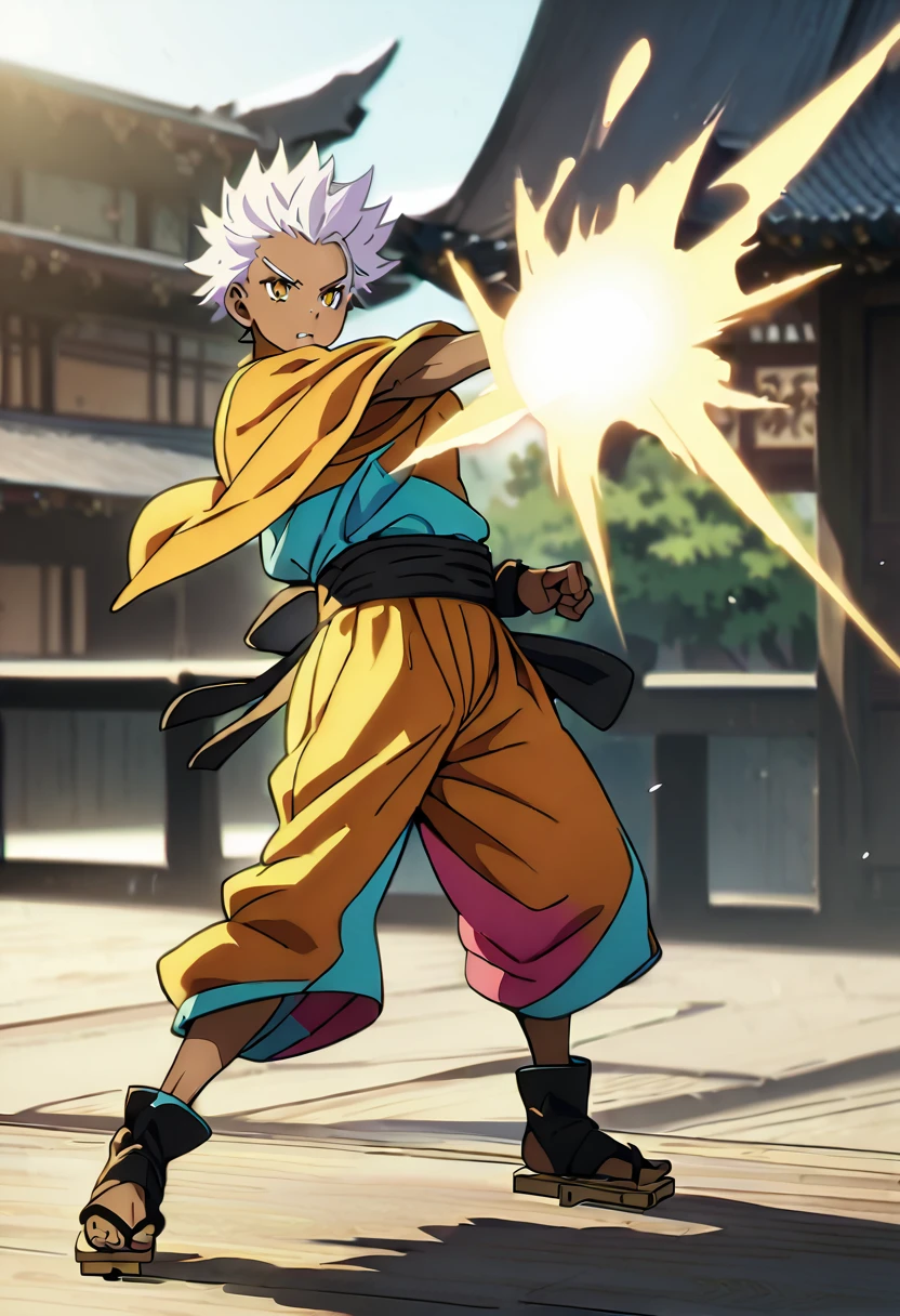 dynamic pose, fighting stance, 1 guy, brown skin, dojo background, snow white hair, spikey hair, short hair, fade haircut, (sparkling eyes), yellow eyes, (white aura), toned build, lean, cool outfit, gloves, hoodie over head, baggy clothing, (martial arts themed outfit), (monk themed outfit), traditional japanese slippers, geta footwear, masterpiece, best quality, perfect lighting, anime style, vivid colors, (colorful outfit), full body, (thin lineart)