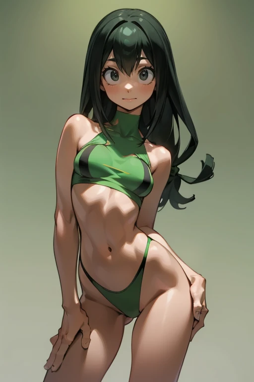 tsuyu, (black eyes, :>:1.2), green bikini, ((solo)), 1girl, slim figure, looking at viewer, perfectly detailed face, slim waist, tight body, fit body, Very beautiful face, slim figure, Light, femininity, ((cowboy shot)), fit body, front_view, sexy pose, standing, open legs, seducing, slim waist, ((sexy pose)), detailed face and body, expressive look, Heightened sexuality, sexy, sexy pose, covered erect nipples, artgerm, garden background