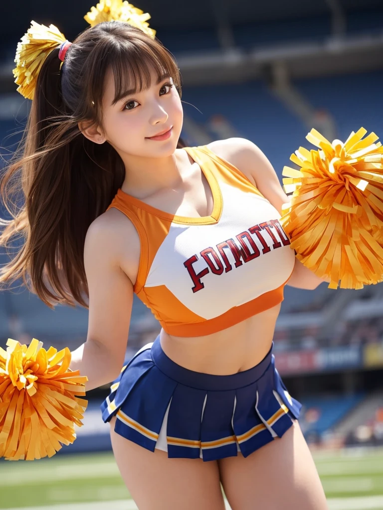 masterpiece,Highest quality,Very detailed,High resolution,(Realistic,photoRealistic:1.37),Excellent anatomy,One beautiful woman,18-year-old,height:152 cm,Orange Cheerleader,(Holding big pom-poms in both hands:1.5),A small smile,cheer leading,Cheerleader uniform,(shape),Micro Pleated Mini Skirt,No underwear,((Very delicate and beautiful)),((Stadium Background:1.2)),Brown Hair,Long Hair,bangs,Very beautiful face,Cute type,Big Natural Color Lip,Small and cute nose,Big and pretty eyes,Brown eyes,Obvious double,Shiny highlight spots around the eyes,Character Focus,Tilt your head,The best light,Best Shadow,mysterious,Perfect Face,Very detailed,Soft Skin,(Glowing Skin, Sweaty:1.2),Beautiful legs,Voluptuous thighs,Plump body,Huge breasts,(Expresses the roundness and softness of the chest area..........1),Beautiful body,(Perfect Woman),Lift your legs,Skirt flip,Bold sexy pose,((cheer dance pose))