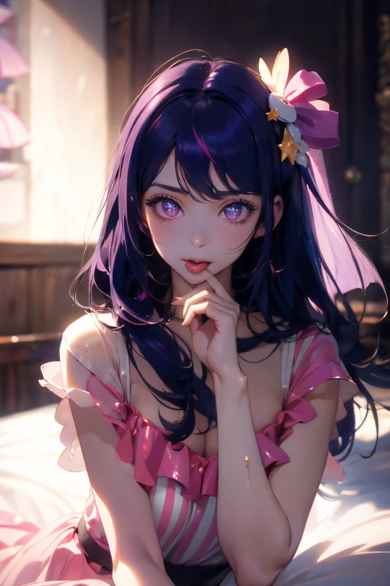 Woman with open mouth and closed eyes, ((Shiny skin))、((Wet and shiny tongue)) , Ai Hoshino, long purple hair with stripes, star-shaped purple eyes, hair ornament, beautiful smile, naughty expression, (best quality,4k,8k,highres,masterpiece:1.2),ultra-detailed,(realistic,photorealistic,photo-realistic:1.37),HDR,UHD,studio lighting,ultra-fine painting,sharp focus,physically-based rendering,extreme detail description,professional,vivid colors,bokeh,pink cute room,under makeup , , Ai Hoshino, Long hair, Purple hair, Striped hair, Purple eyes, Star-shaped eyes, Hair ornament, Smile, Naughty face, (pink cute room), Under makeup, Under makeup , kneel pose , looking at viewer , masterpiece, highest quality, super detailed, ultra high resolution, realistic, 4K, 8k, highest quality, masterpiece, best image quality, Super detailed, ultra high resolutionolution, realisticDescription,