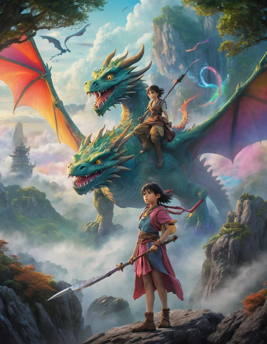 a female warrior and a flying dragon over a rocky landscape, sky filled with a giant flow of colorful mist, inside a mystic forest, neverland: A lost island where children can stay forever young, hd, dramatic lighting, Intricate, vibrant colors, high quality, highly detailed, centered, sharp focus, film grain, f/4 drawing by studio ghibli,