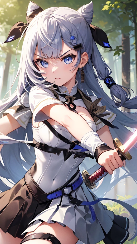 (Vestia zeta, vtuber, virtual youtuber, solo, alone,hold sword, hold katana, drew his sword forward, cool style, look serious, fight in forest