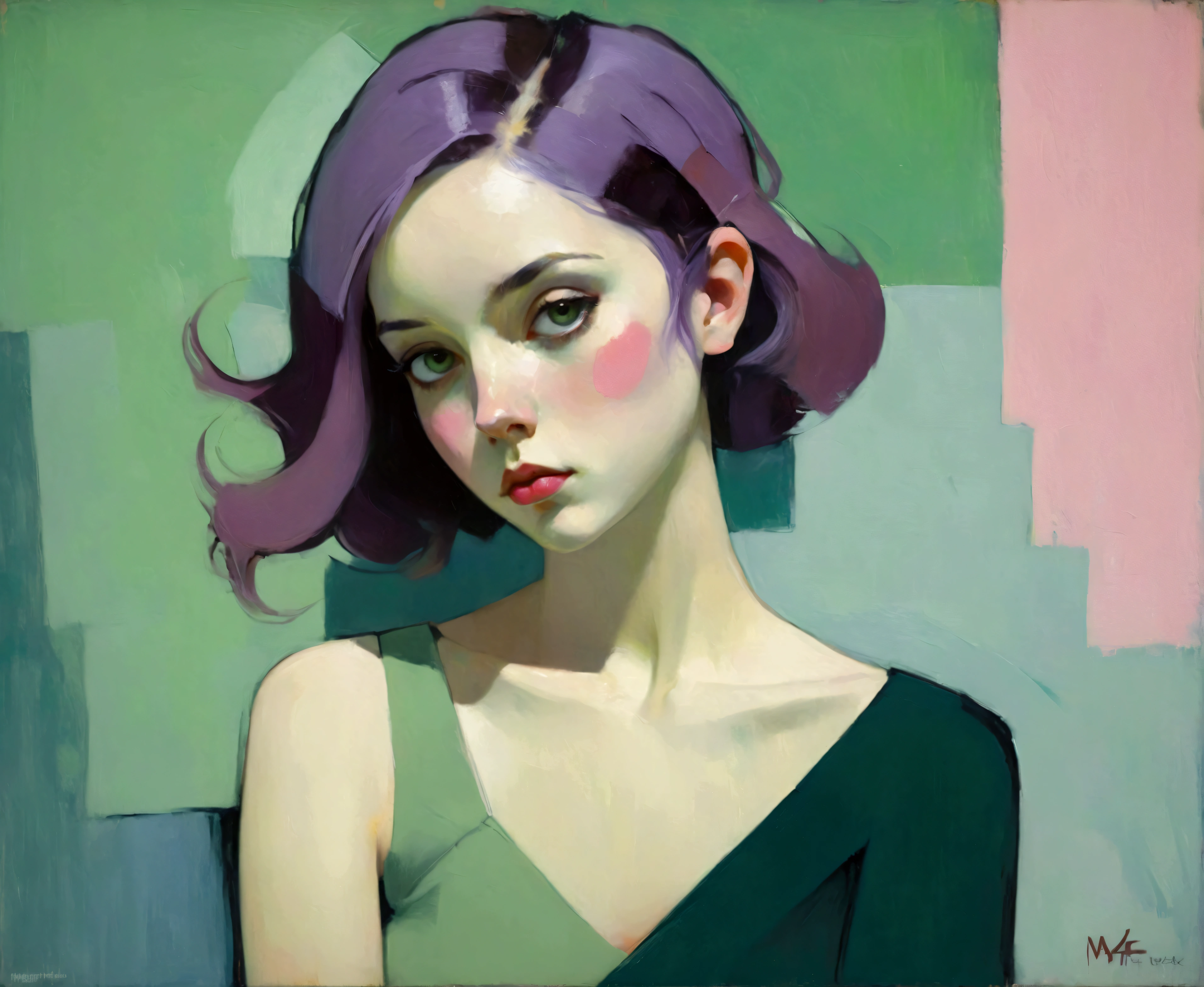 Create a portrait of a young woman in a semi-reclining pose with a pensive expression. Use a painterly style inspired by Malcolm Liepke, characterized by expressive brushstrokes and rich texture. Employ a color palette of muted greens, soft pinks, deep purples, and subtle flesh tones to evoke a sense of depth and emotion. The background should consist of abstract, textured layers in complementary colors, blending seamlessly with the figure. Pay attention to the contrast between the smooth, detailed rendering of the face and the rough, textured application of paint in the surrounding areas. Capture the delicate balance of vulnerability and strength in the subject's gaze and posture