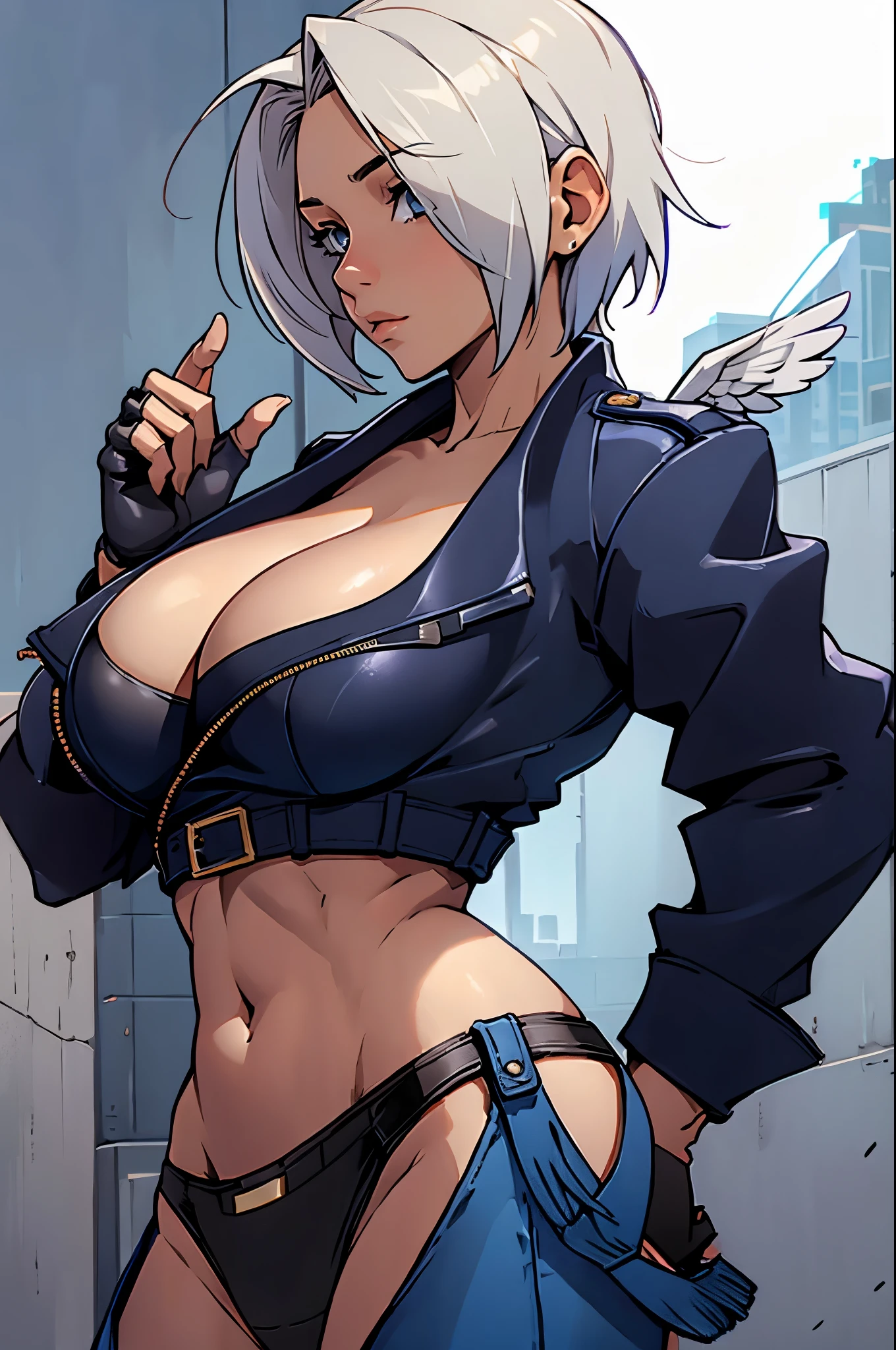 upper body, 1girl, (AngelMs:1.4), large breasts, panties, midriff, facing side, looking at viewer, (cleavage), cropped jacket