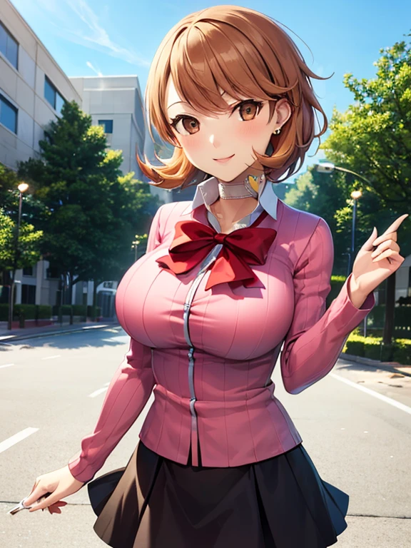 (masterpiece, best quality:1.2), 1girl, takeba yukari, cowboy shot, solo, smile, closed mouth, brown eyes, looking at viewer, gekkoukan high school uniform, cardigan, bow, black skirt, jewelry, earrings, choker with heart, (high school background:1.0), big breasts