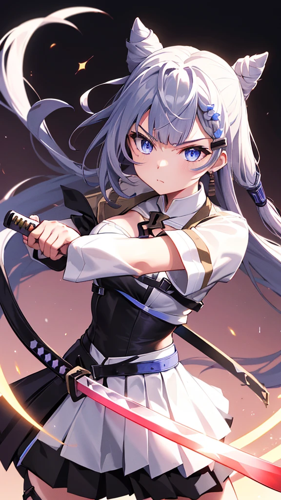 (Vestia zeta, vtuber, virtual youtuber, solo, alone,hold sword, hold katana, drew his sword forward, cool style, look serious, fighting, serious fighting