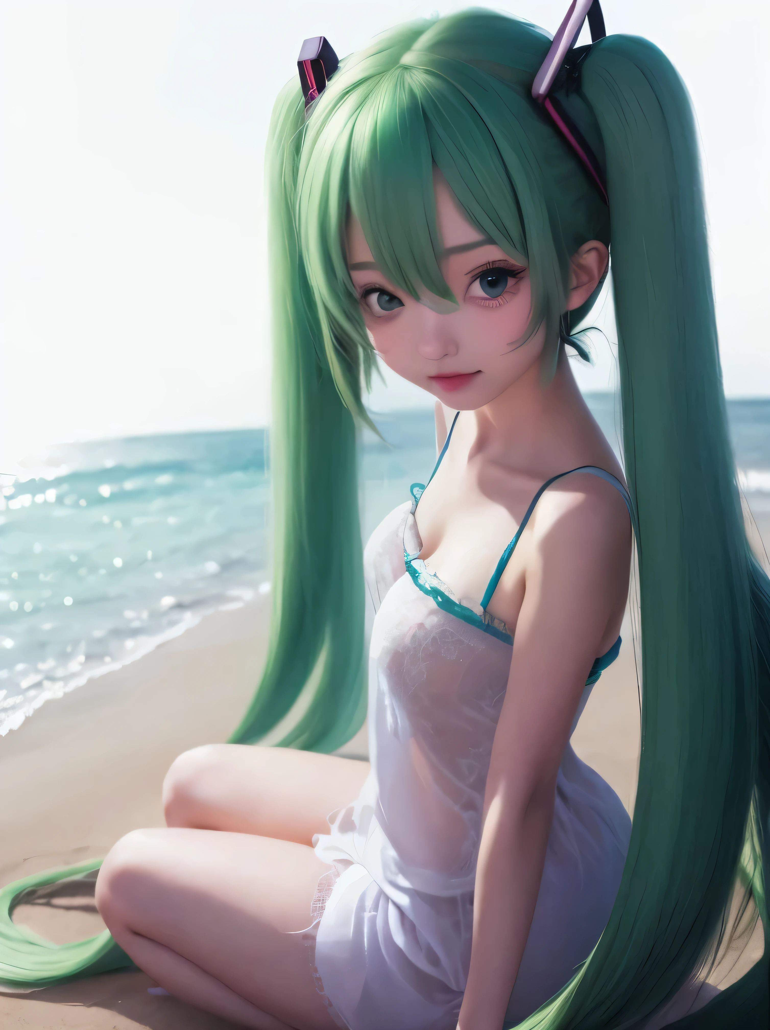 Japanese Manga girl with green hair sitting on the beach with her long green hair in a ponytail, futuredayo, hyper realistic Japanese Manga, seductive Japanese Manga girl, photorealistic Japanese Manga, 4K ], 4K], portrait of hatsune future, Japanese Manga! 4K, Japanese Manga! 4K, hatsune future, future, Gwaise style artwork, beautiful Japanese Manga girl