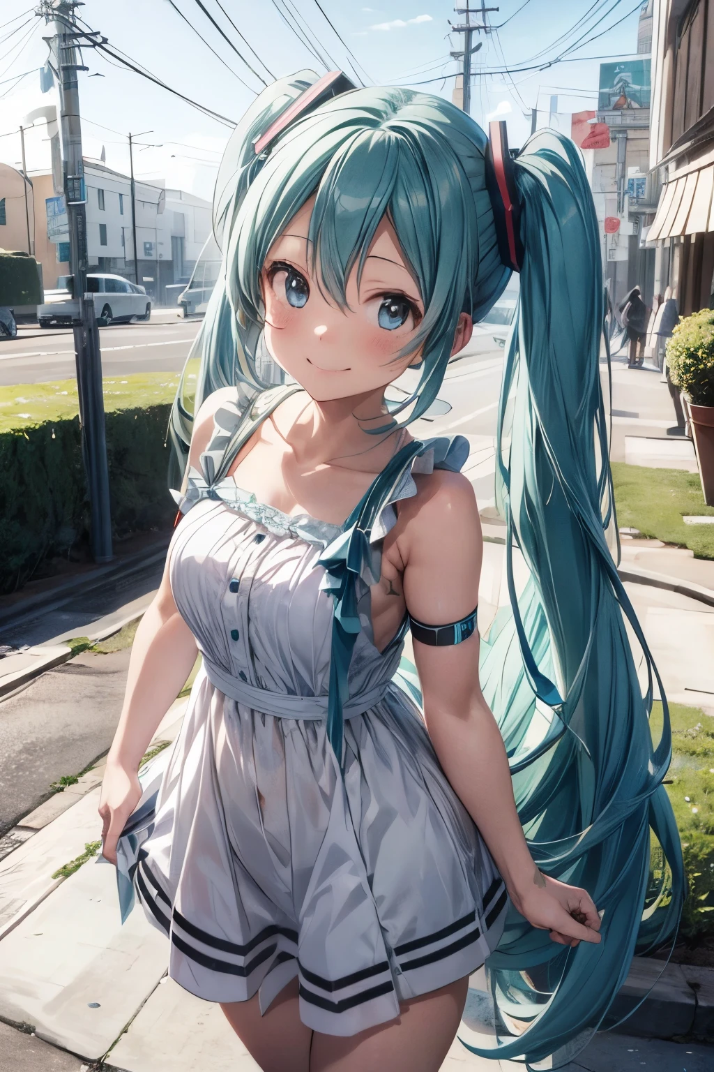 Hatsune Miku is smiling brightly in a white dress
