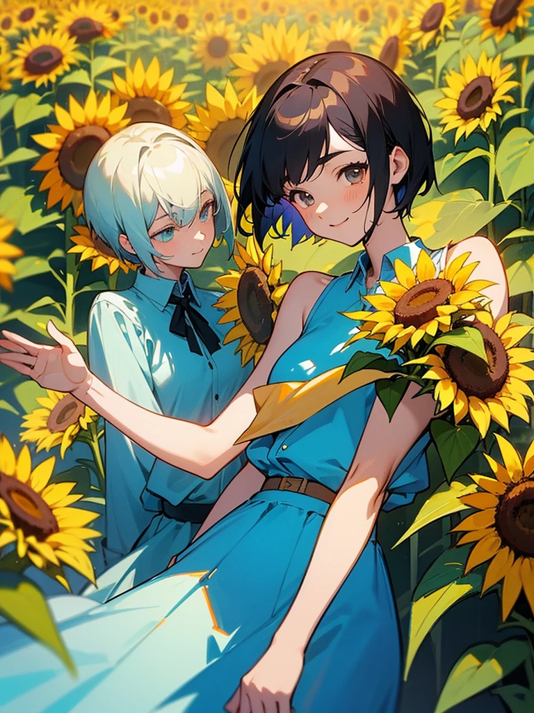  master piece, best quality, for below, cinematic angle, upper body , pigeon toed,  
Anime-style Moe illustration, summer vacation theme, 20-year-old 4womans holding a bouquet of sunflowers, short hair, 
bikini, slightly inner thighs, smile, accurate drawing, Active pose,