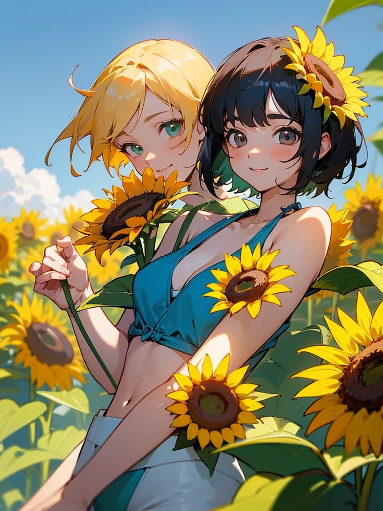  master piece, best quality, for below, cinematic angle, upper body , pigeon toed,  
Anime-style Moe illustration, summer vacation theme, 20-year-old 4womans holding a bouquet of sunflowers, short hair, 
bikini, slightly inner thighs, smile, accurate drawing, Active pose,