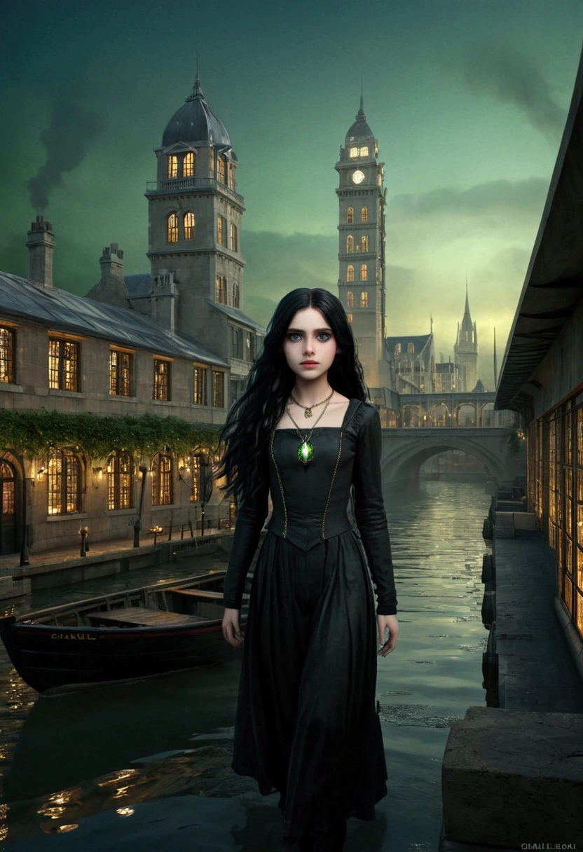 realistic  girl, daughter of severus snape, black long hair, green eyes,Tower13_RaveAngel, [ (art by René Laloux:1.1) : (Clara Peeters:0.8) : (Peter Mitchev:0.8) :7], dark 3D Rendering, stylized, ground level shot of a Original Romantic european ([Boat:Conservatory:4]:1.3) , it is forged by Chanel, it is made from Crystal, simple Black background, deep yellow city and jungle, at Twilight, Wide view, Awe, Street Art, spotlit, Depth of field 270mm, Cathode tube, Kintsugi, vintage, unreal engine, pixiv
