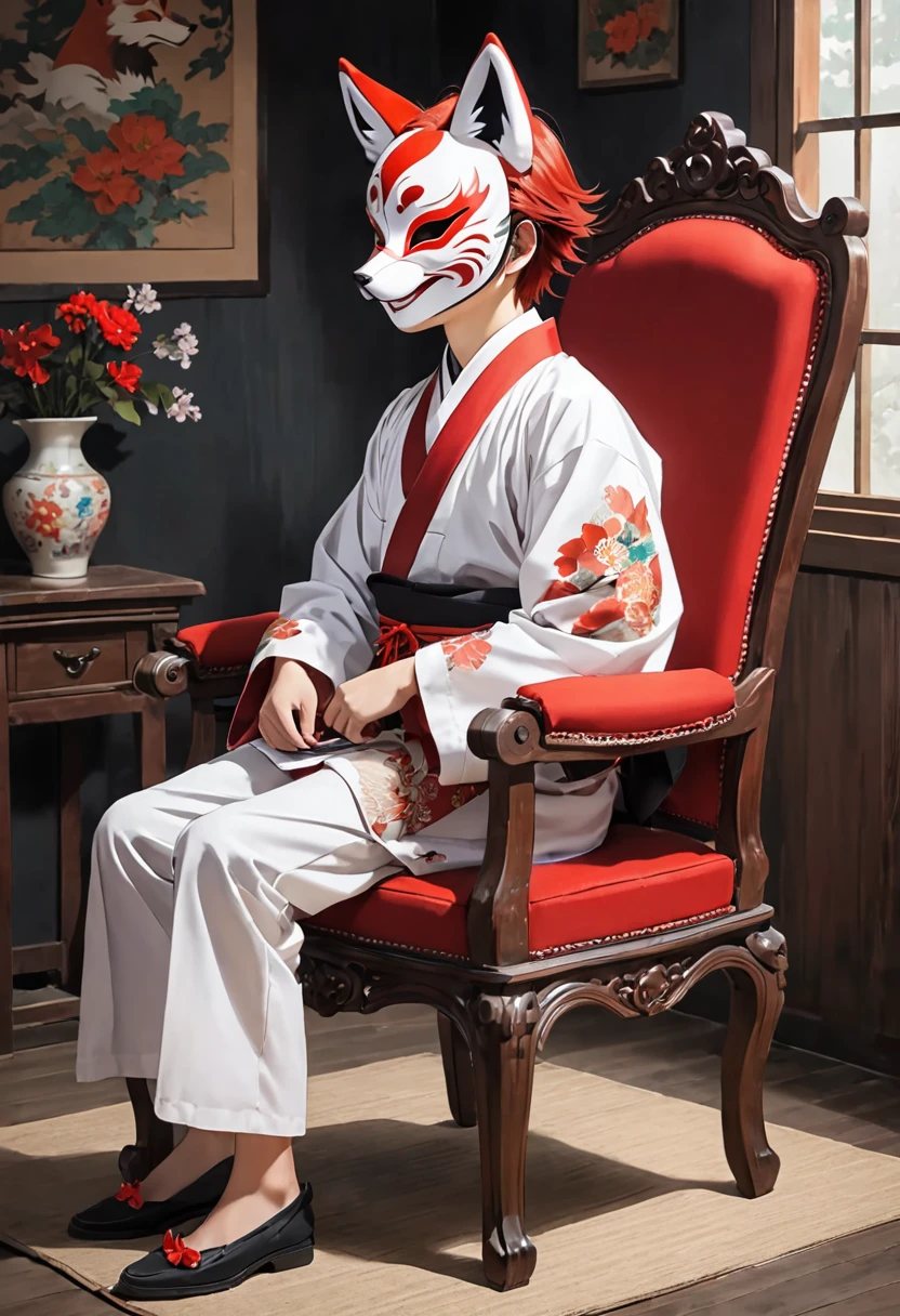 Using Fox Mask, Red Hair, Wolf Ears, Boy, Sit on the chair