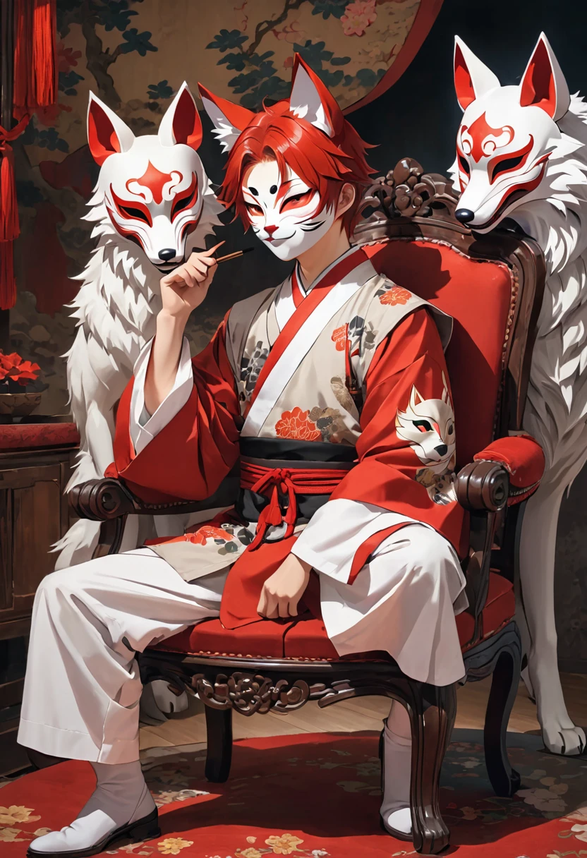 Using Fox Mask, Red Hair, Wolf Ears, Boy, Sit on the chair