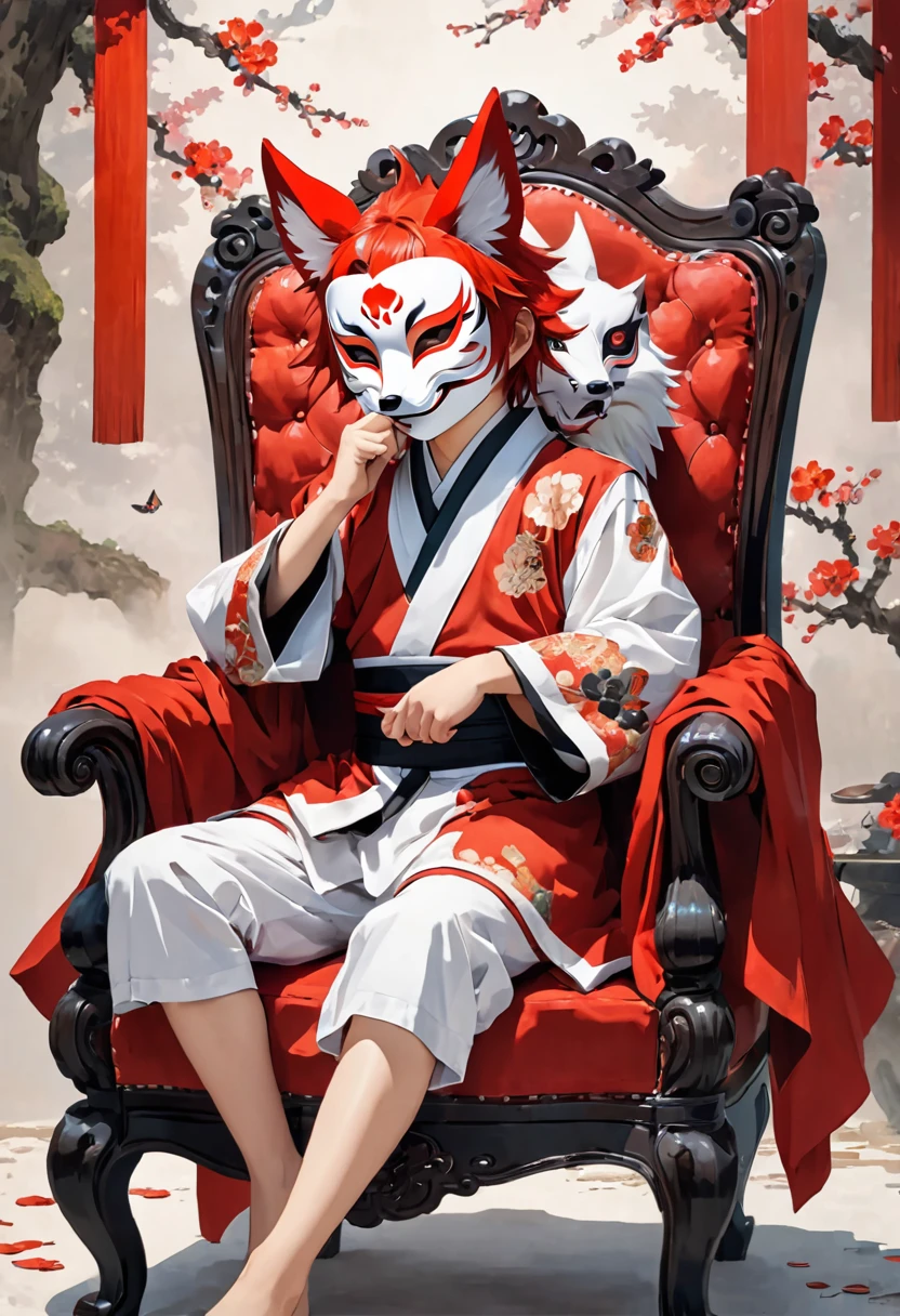 Using Fox Mask, Red Hair, Wolf Ears, Boy, Sit on the chair