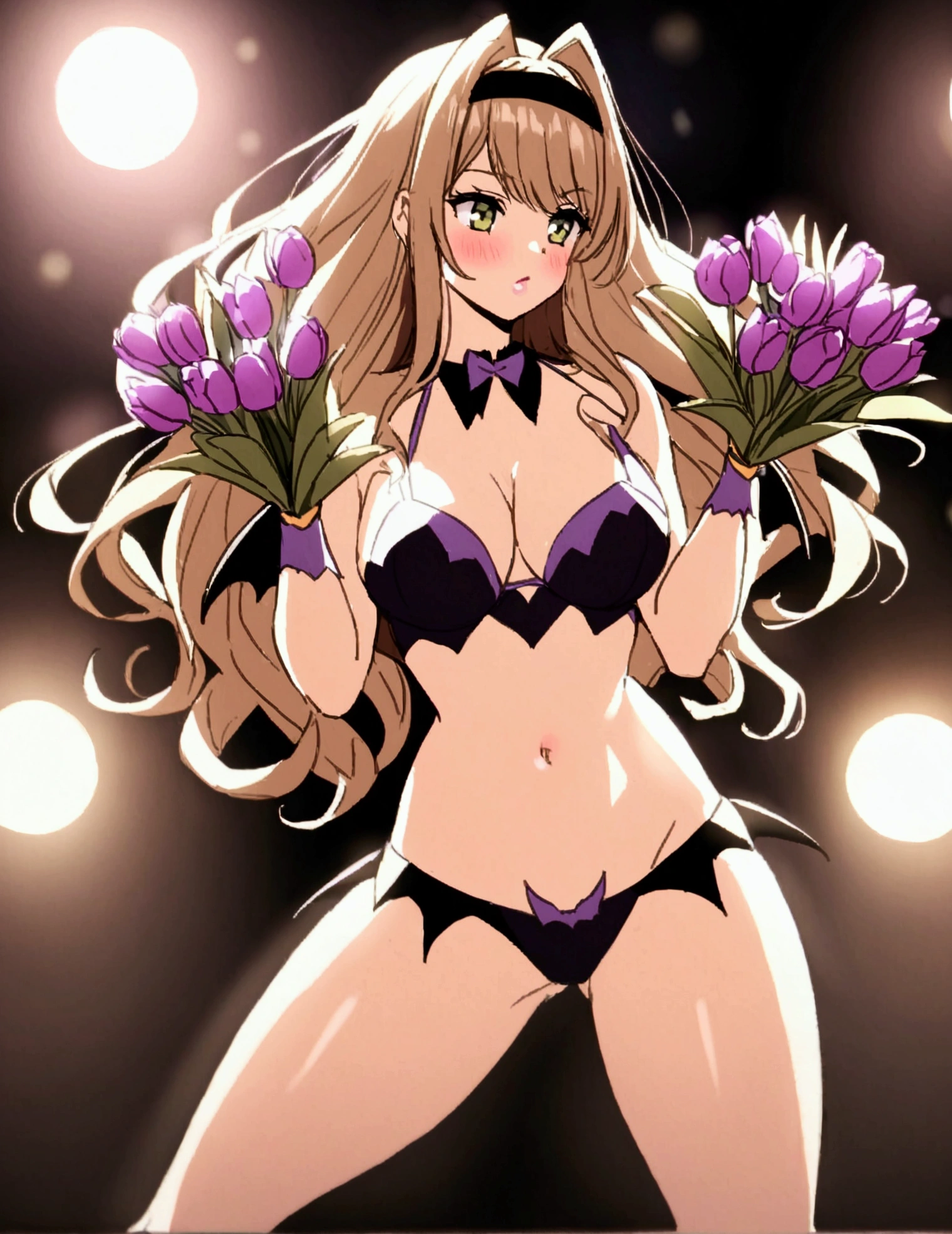 Sofia Vergara (age 40, sexy bat girl bikini cosplay, holding a bouquet of violet tulips) doing a cosplay fashion show, having lots of fun and sexy sassy strut on stage