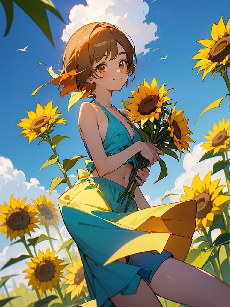 master piece, best quality, for below, cinematic angle, upper body , pigeon toed,
Anime-style Moe illustration, summer vacation theme, 20-year-old 4womans holding a bouquet of sunflowers, short hair,
bikini, slightly inner thighs, smile, accurate drawing, Active pose,