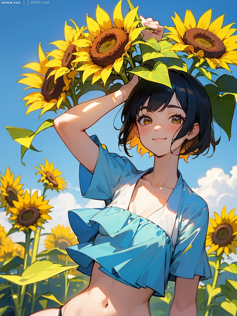 master piece, best quality, for below, cinematic angle, upper body , pigeon toed,
Anime-style Moe illustration, summer vacation theme, 20-year-old 4womans holding a bouquet of sunflowers, short hair,
bikini, slightly inner thighs, smile, accurate drawing, Active pose,